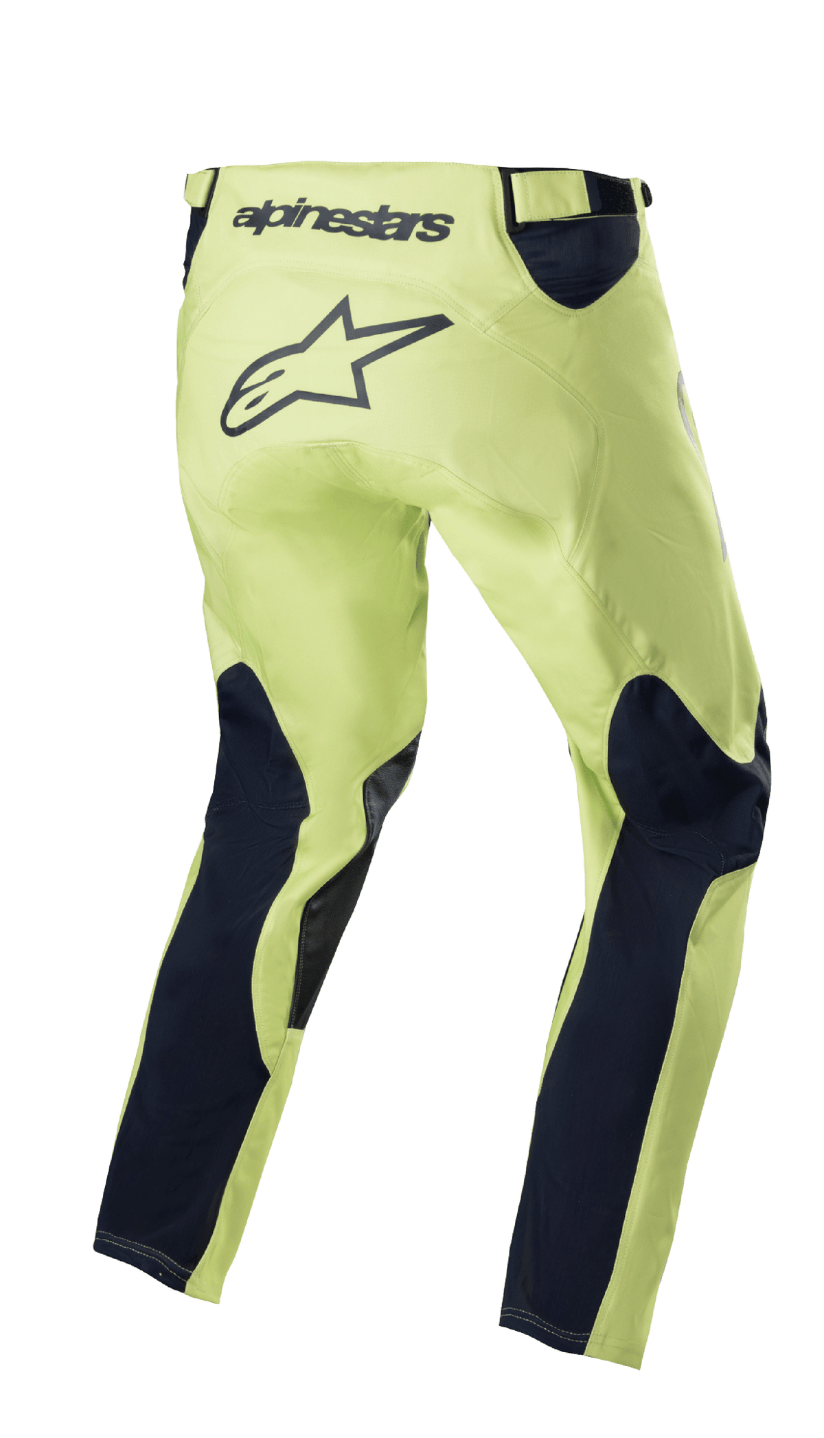 Alpinestars 2023 Racer Hoen Pants, spodnie motocrossowe, kolor zielony fluorite i granatowy, widok z tyłu z neonowo zieloną konstrukcją i granatowymi panelami na nogawkach, duże czarne logo gwiazdy w części siedzącej, ergonomiczna, wstępnie zakrzywiona konstrukcja do jazdy off-road