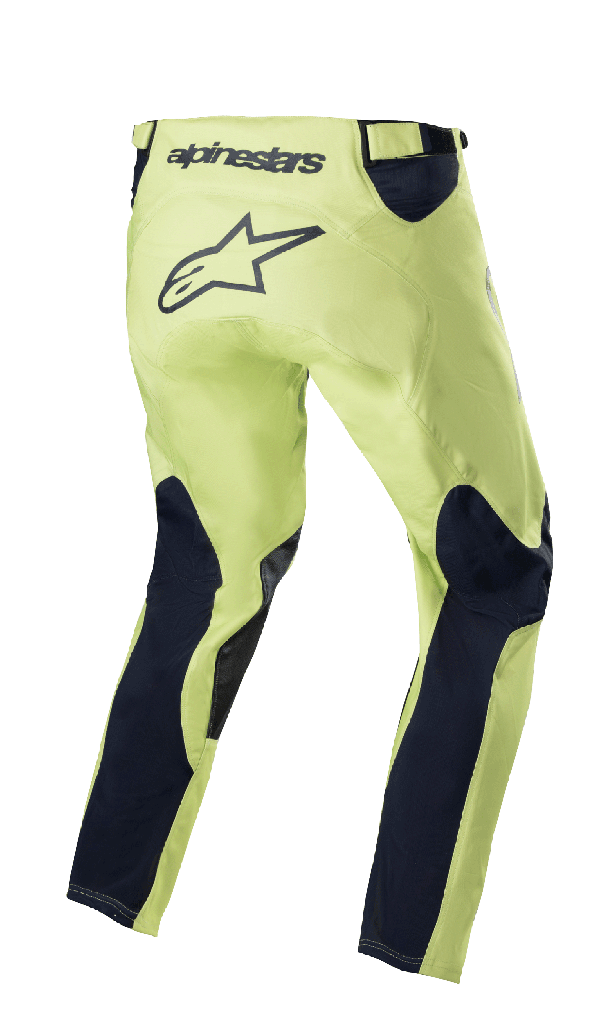Alpinestars 2023 Racer Hoen Pants, spodnie motocrossowe, kolor zielony fluorite i granatowy, widok z tyłu z neonowo zieloną konstrukcją i granatowymi panelami na nogawkach, duże czarne logo gwiazdy w części siedzącej, ergonomiczna, wstępnie zakrzywiona konstrukcja do jazdy off-road