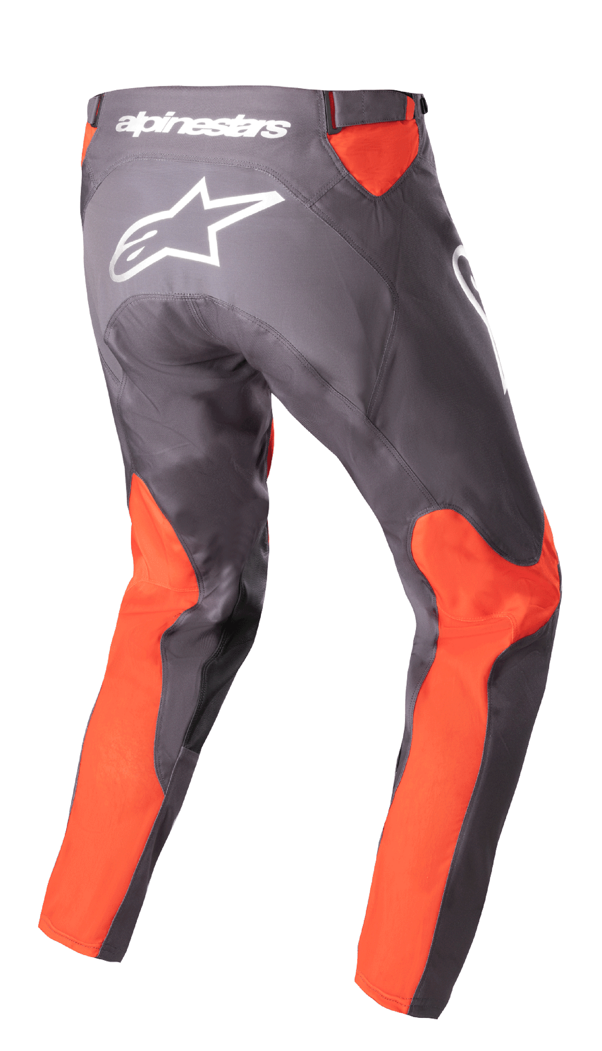Alpinestars 2023 Racer Hoen Pants, spodnie motocrossowe, kolor Magnet Hot Orange, widok z tyłu z białym logo i napisem Alpinestars, jaskrawopomarańczowe panele na nogawkach i w pasie, wytrzymała konstrukcja z materiału poliestrowego 600D do jazdy w terenie