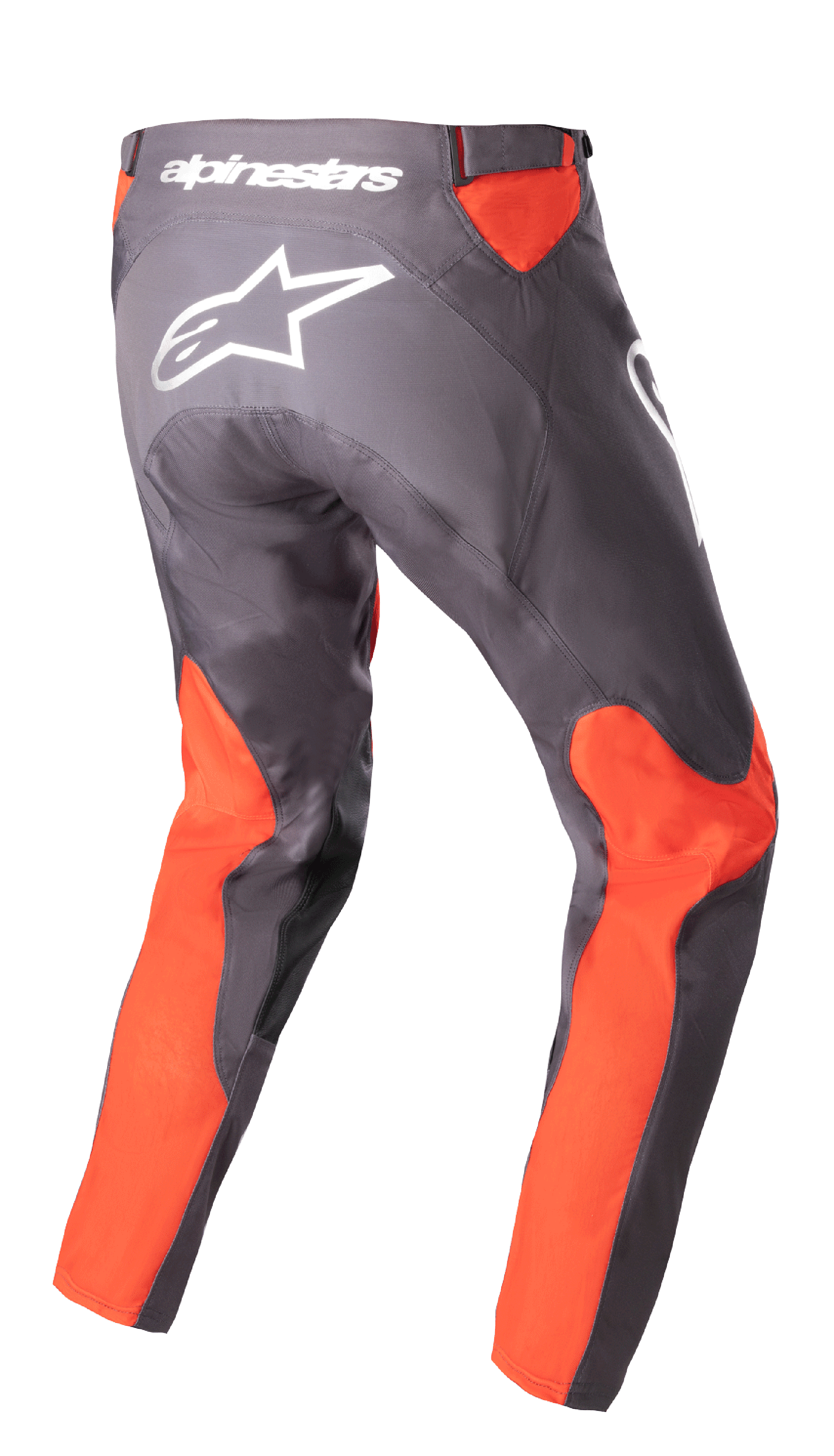 Alpinestars 2023 Racer Hoen Pants, spodnie motocrossowe, kolor Magnet Hot Orange, widok z tyłu z białym logo i napisem Alpinestars, jaskrawopomarańczowe panele na nogawkach i w pasie, wytrzymała konstrukcja z materiału poliestrowego 600D do jazdy w terenie