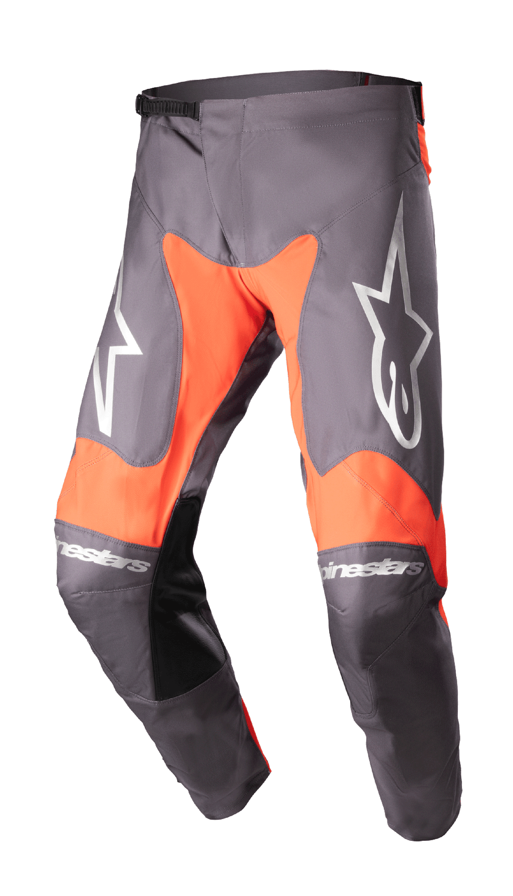 Alpinestars 2023 Racer Hoen Pants, spodnie motocrossowe, kolor Magnet i intensywny pomarańczowy, duże białe logo gwiazdy na udach, czarne skórzane panele po wewnętrznej stronie kolan, zapadkowa regulacja w pasie, wytrzymała konstrukcja do jazdy terenowej