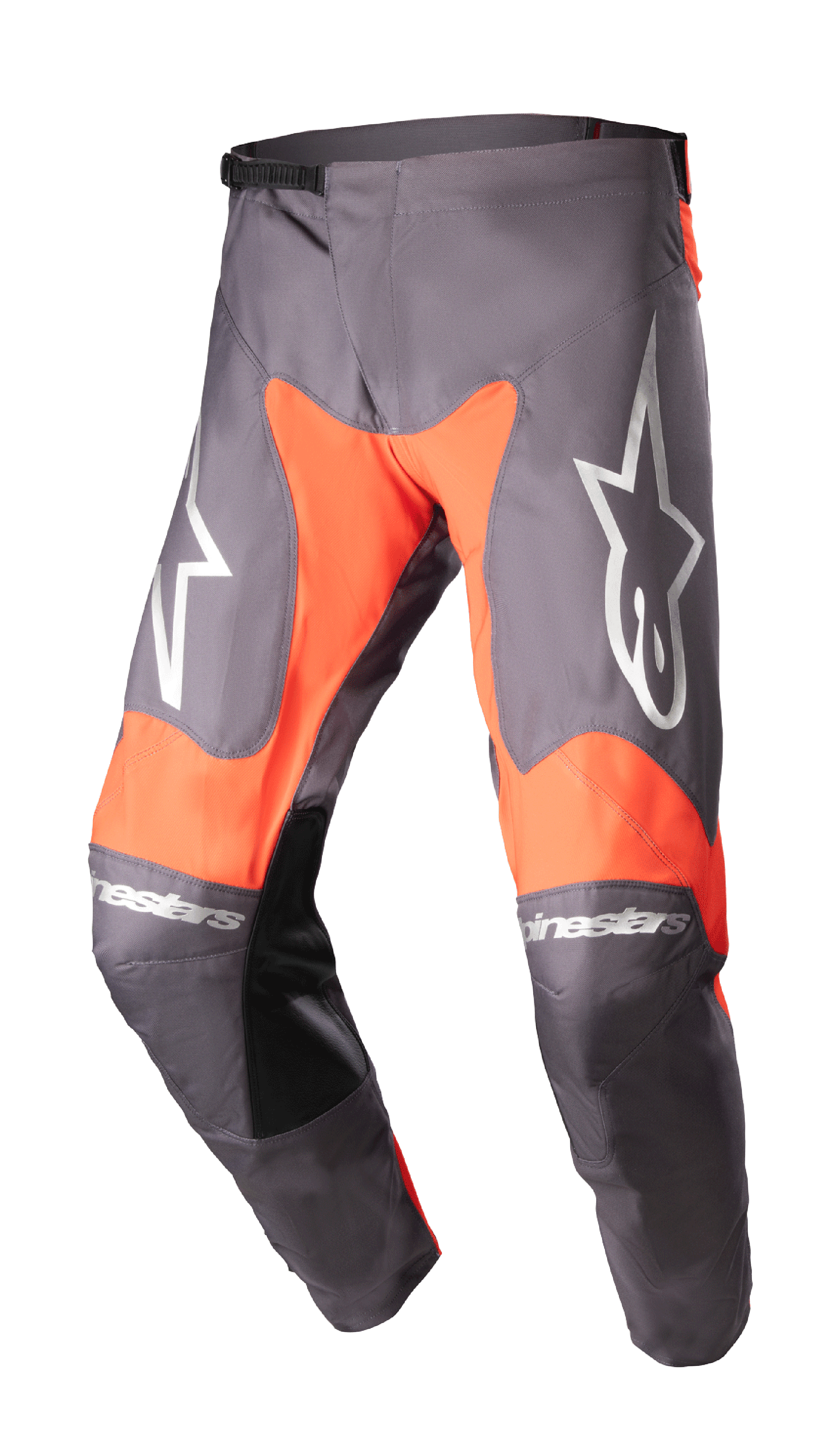 Alpinestars 2023 Racer Hoen Pants, spodnie motocrossowe, kolor Magnet i intensywny pomarańczowy, duże białe logo gwiazdy na udach, czarne skórzane panele po wewnętrznej stronie kolan, zapadkowa regulacja w pasie, wytrzymała konstrukcja do jazdy terenowej