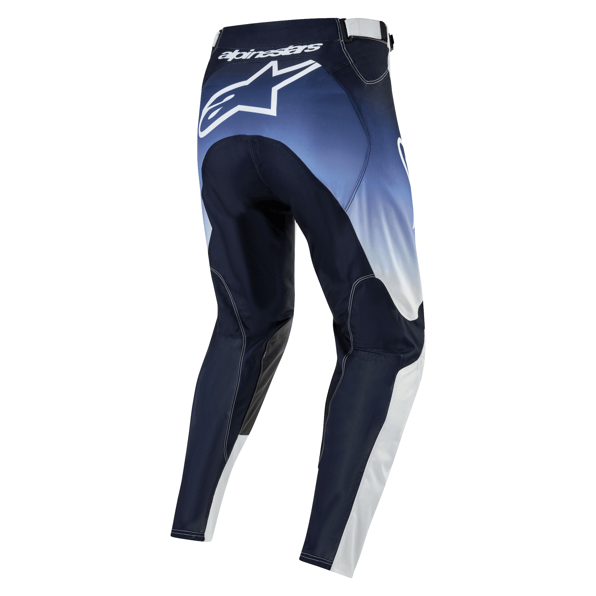 Alpinestars 2024 Racer Hoen Pants, spodnie motocrossowe, widok od tyłu, granatowe i jasnoniebieskie z białymi akcentami, duże białe logo na siedzeniu, sportowy design i ergonomiczna konstrukcja