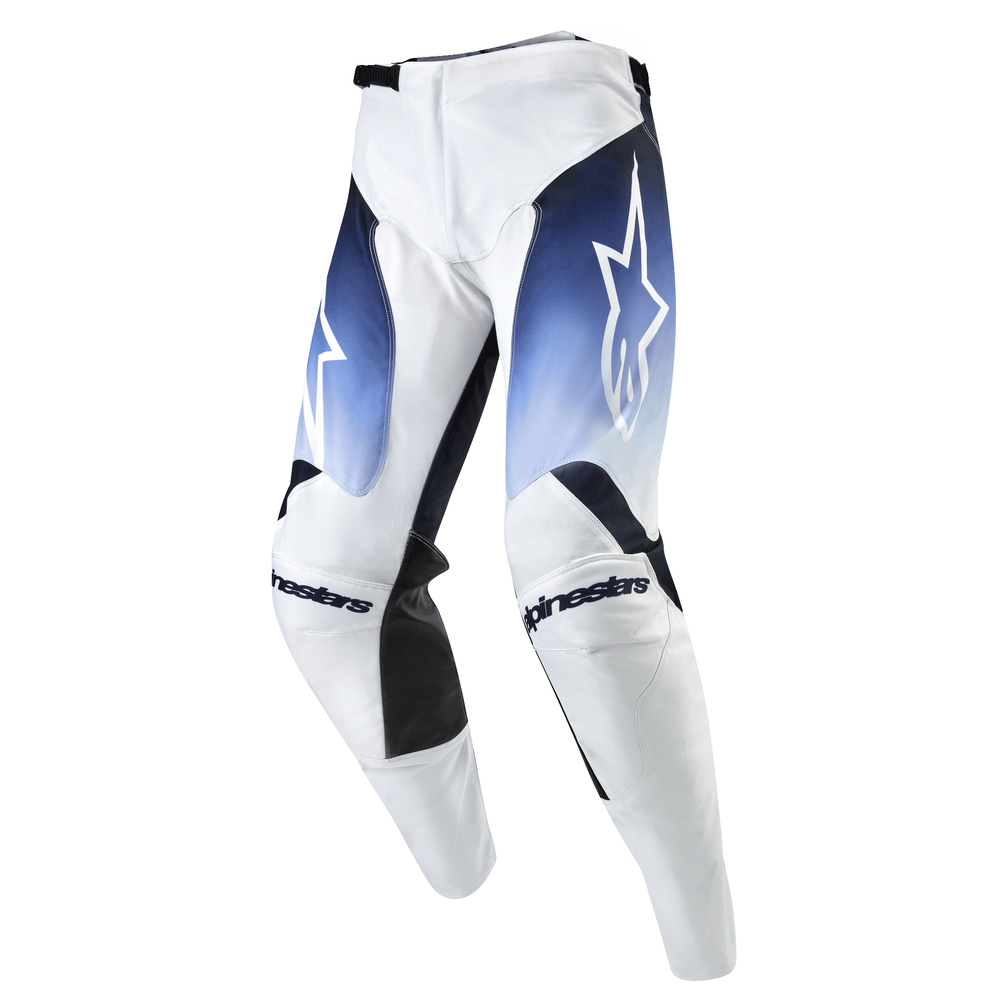 Alpinestars 2024 Racer Hoen Pants, spodnie motocrossowe, białe z ciemnogranatowymi i jasnoniebieskimi akcentami, białe logo gwiazdy na udach, napis Alpinestars na kolanach, sportowy krój