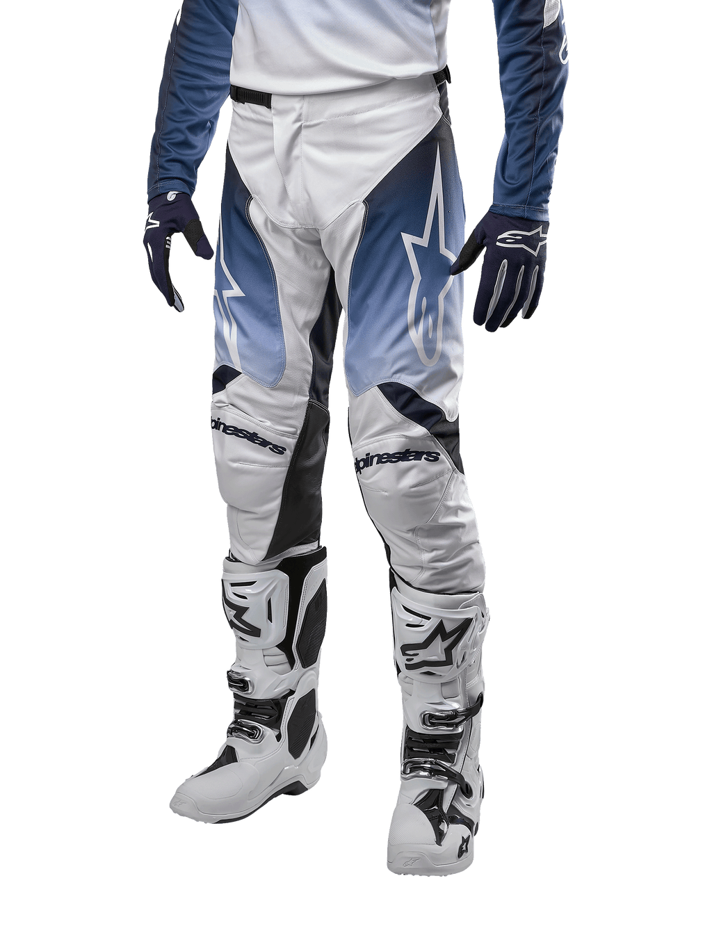 Alpinestars 2024 Racer Hoen Pants, spodnie motocrossowe, białe z ciemnogranatowymi i jasnoniebieskimi akcentami, logo Alpinestars, sportowy krój z wzmocnieniami na kolanach, nowoczesny design off-road