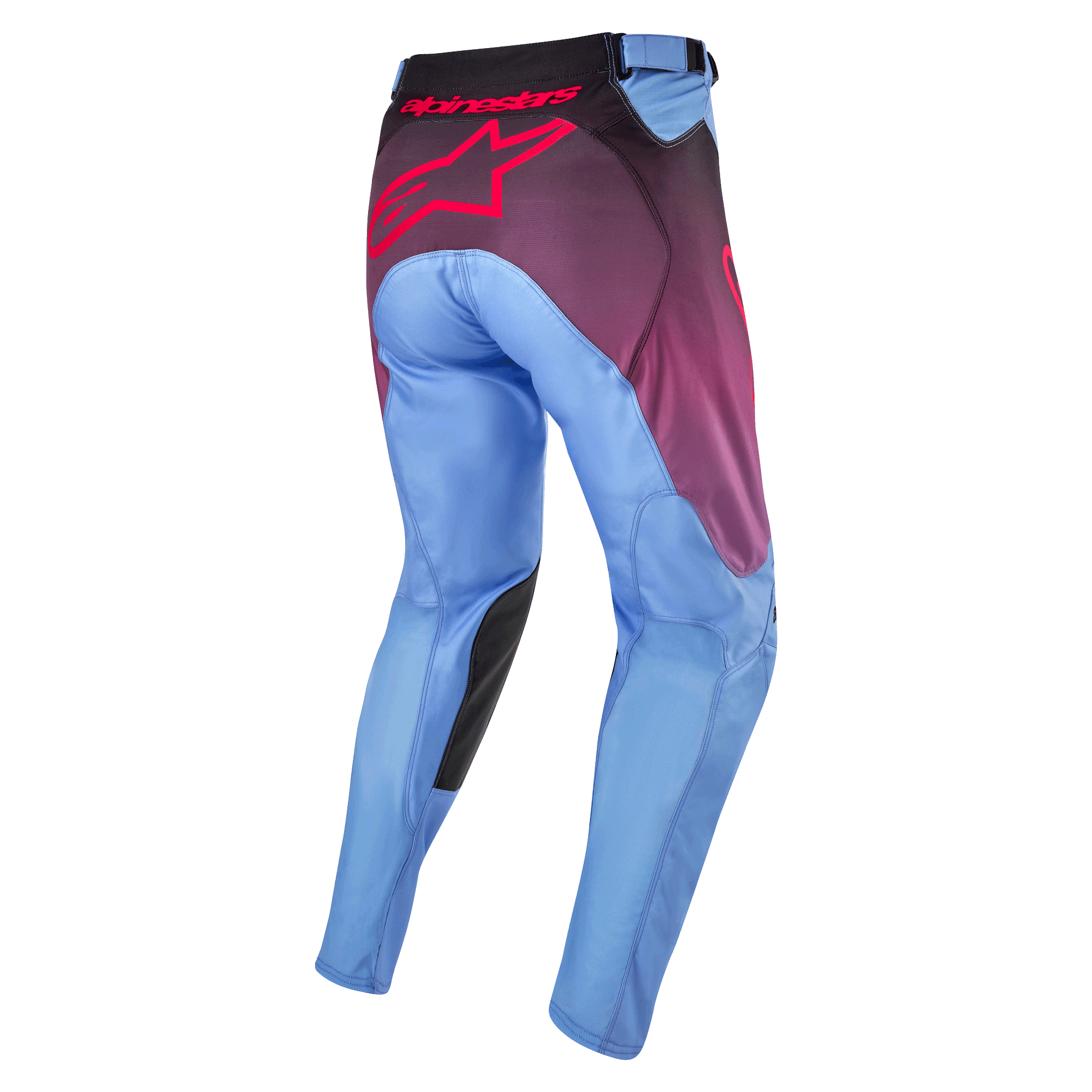 Alpinestars 2024 Racer Hoen Pants, spodnie motocrossowe, fioletowo-czarne, widok z tyłu z jasnoniebieskimi nogawkami, dużym różowym logo Alpinestars na siedzeniu, czarnymi panelami na wewnętrznej stronie kolan i ergonomiczną, profilowaną konstrukcją do jazdy terenowej