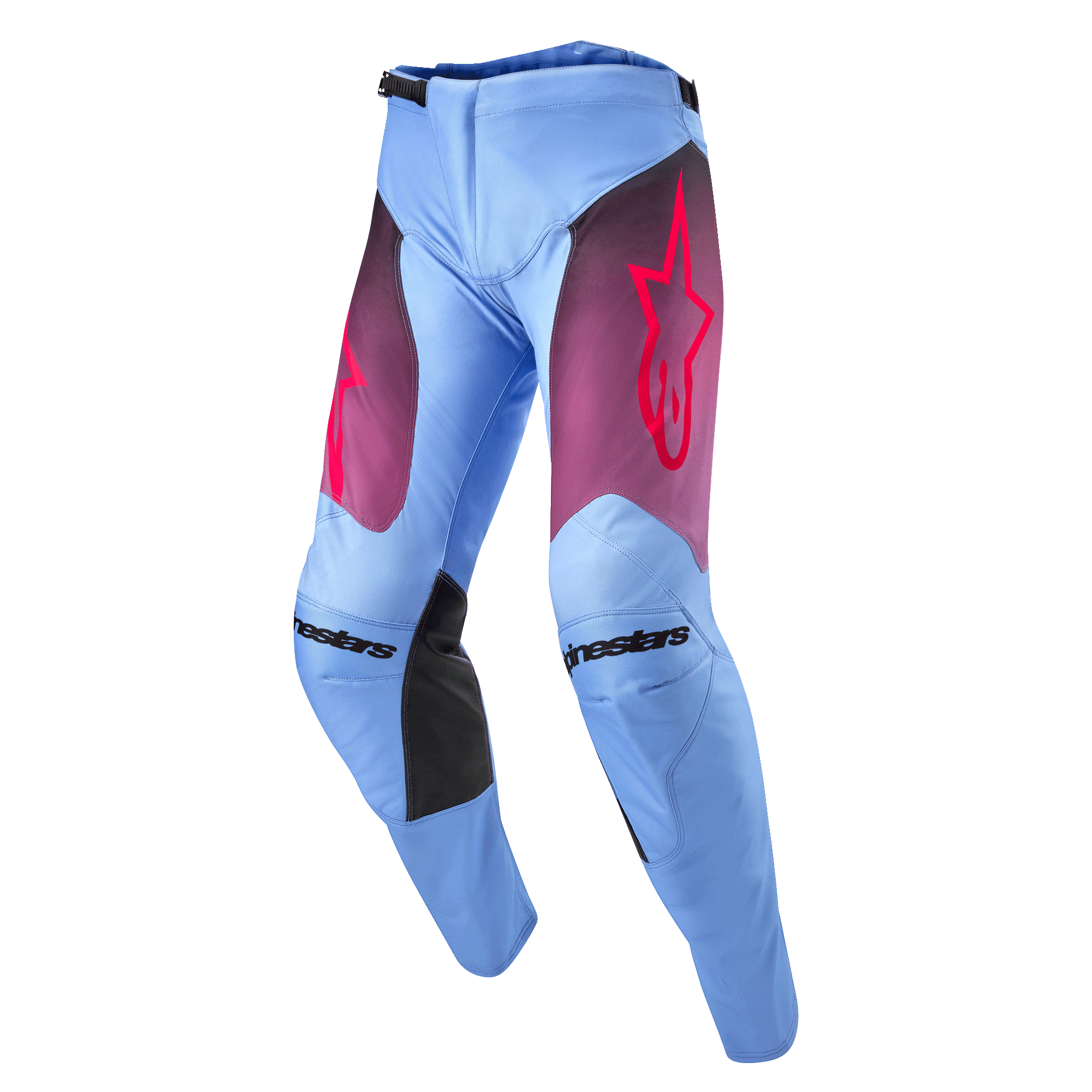 Alpinestars Racer Hoen Pants 2024, spodnie motocrossowe, kolor Lavan Purple i czarny, jasnoniebieska lawendowa baza z fioletowymi cieniowanymi panelami na udach i różowym logo gwiazdy, czarne wewnętrzne panele na kolanach, ergonomiczna, wstępnie zakrzywiona konstrukcja do jazdy terenowej