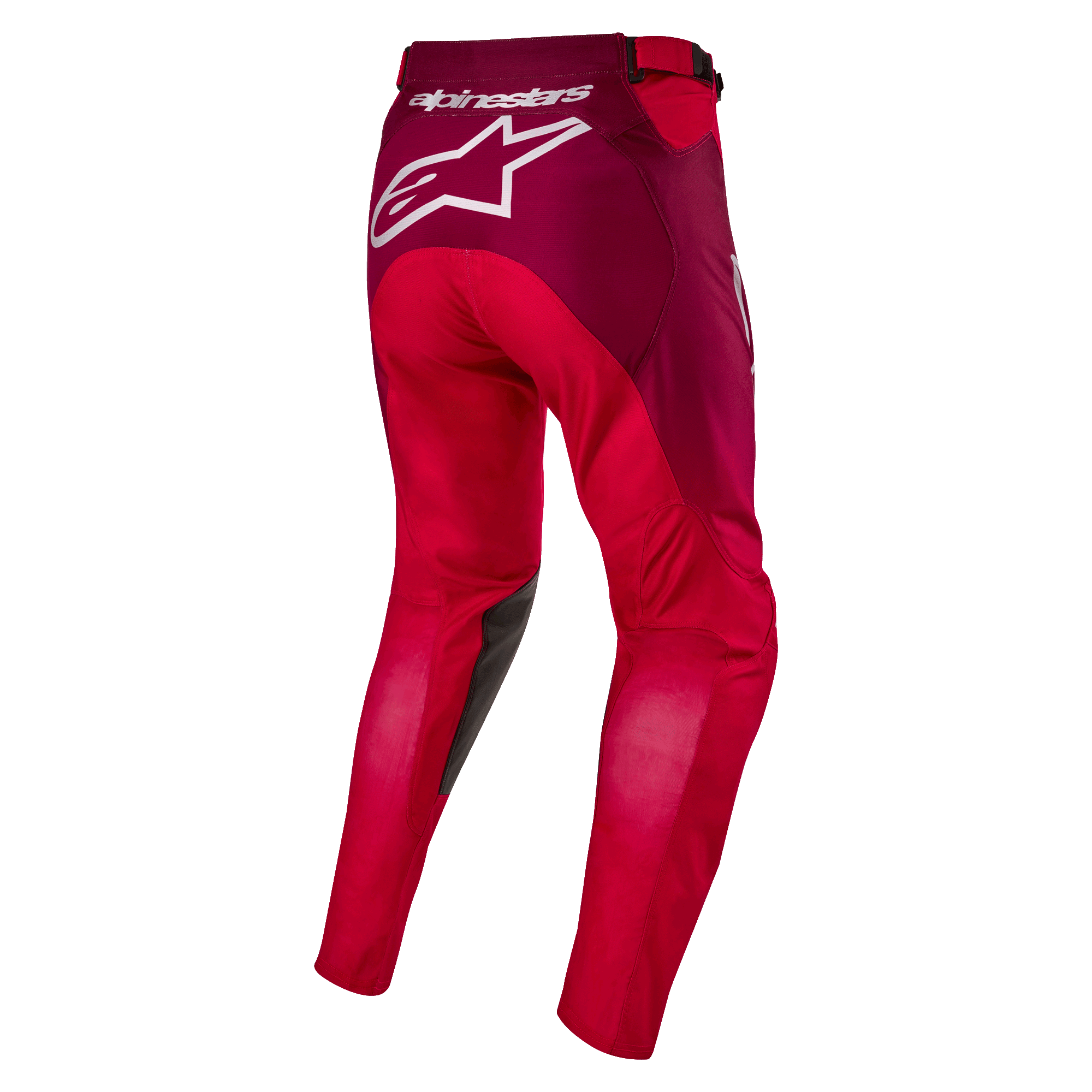 Alpinestars 2024 Racer Hoen Pants, spodnie motocrossowe, czerwone i bordowe, widok z tyłu z dużym białym logo Alpinestars na siedzeniu, ergonomiczna zakrzywiona konstrukcja nogawek, wytrzymały materiał tekstylny do jazdy terenowej