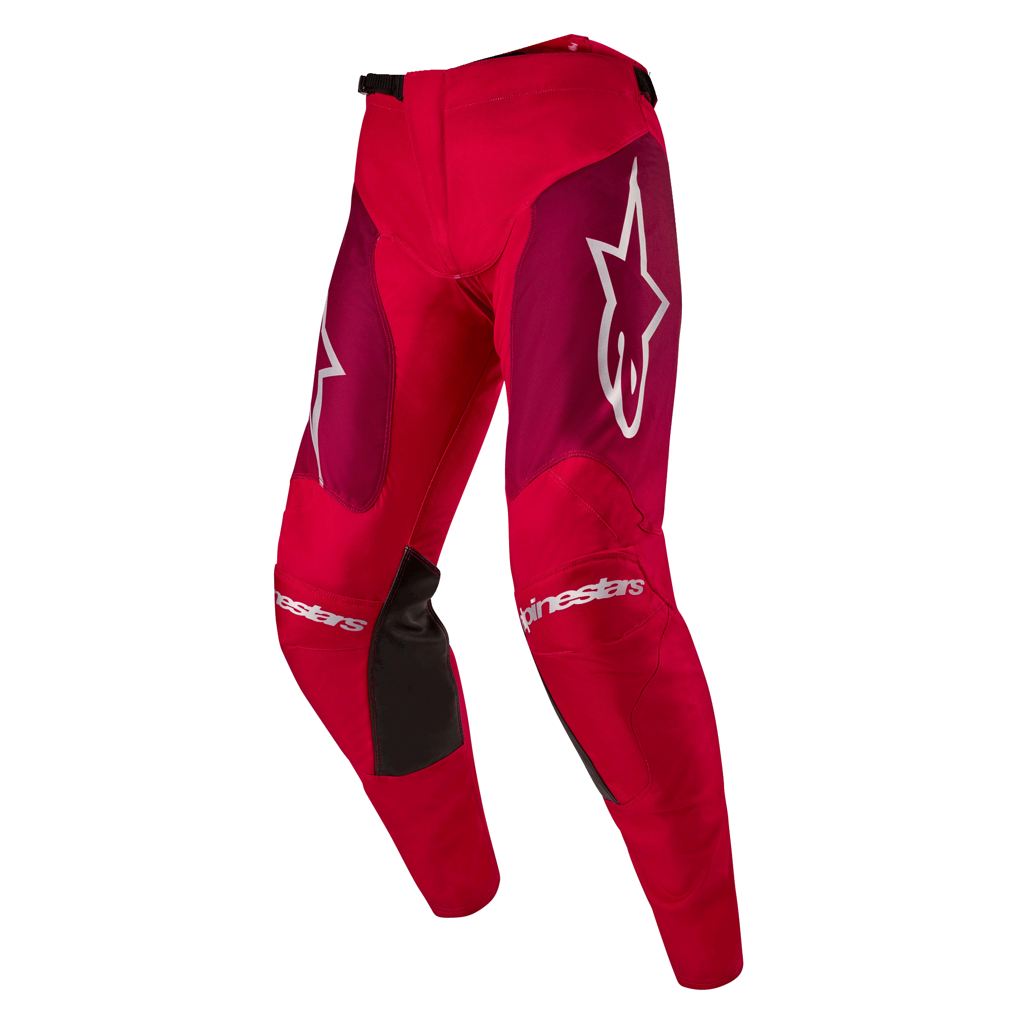 Alpinestars 2024 Racer Hoen Pants, spodnie motocrossowe, kolor Mars Red Burgundy, z bordowymi panelami na udach oraz białym logo Alpinestars na kolanach i biodrach, czarne panele przyczepne po wewnętrznej stronie kolan, sportowy, profilowany design do jazdy terenowej