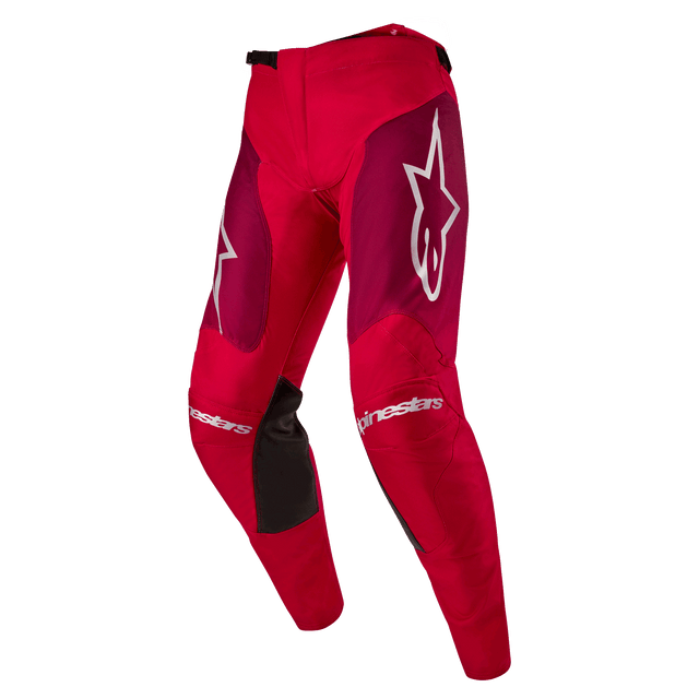 Alpinestars 2024 Racer Hoen Pants, Motocross Pants, Mars Red Burgundy, featuring burgundy thigh panels and white Alpinestars branding on the knees and hips, black inner knee grip panels, sporty pre-curved design for off-road performance