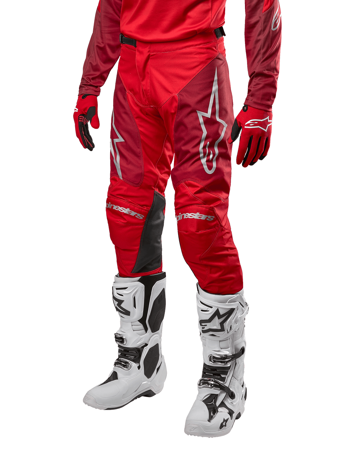 Alpinestars 2024 Racer Hoen Pants, Motocross Pants, Mars Red and Burgundy, worn with matching red jersey and gloves and white boots, featuring black leather knee panels and white logos, durable technical gear for off-road racing