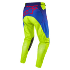 Alpinestars 2024 Racer Hoen Pants, spodnie motocrossowe, żółty neonowy i granatowy, widok z tyłu z dużym czerwonym logo gwiazdy Alpinestars, ciemne skórzane wzmocnienia na kolanach, wytrzymały techniczny materiał do wyścigów terenowych