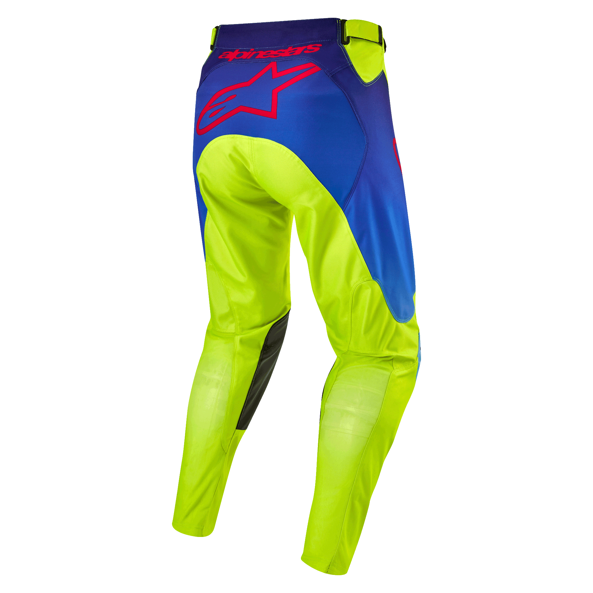 Alpinestars 2024 Racer Hoen Pants, spodnie motocrossowe, żółty neonowy i granatowy, widok z tyłu z dużym czerwonym logo gwiazdy Alpinestars, ciemne skórzane wzmocnienia na kolanach, wytrzymały techniczny materiał do wyścigów terenowych