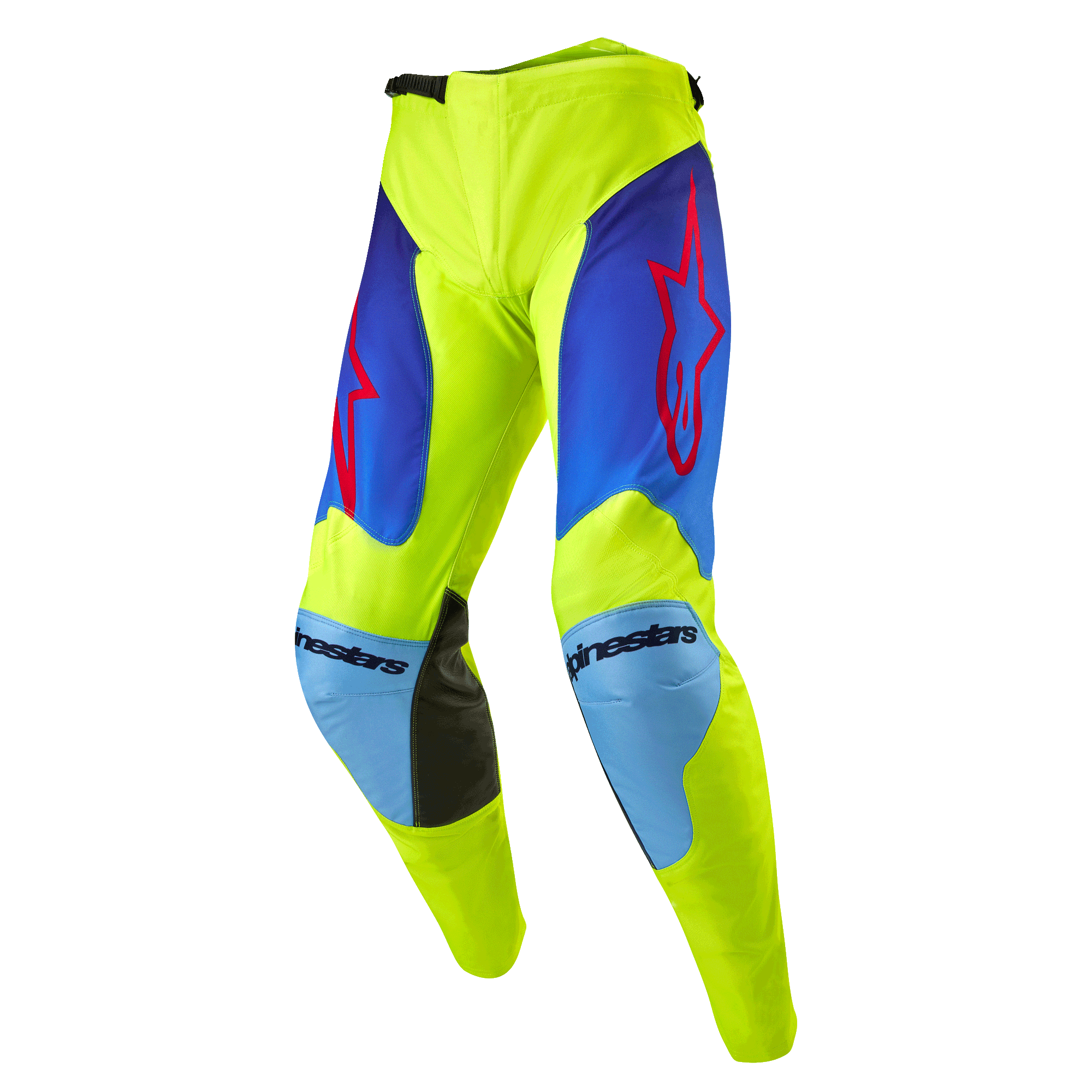 Alpinestars 2024 Racer Hoen Pants, spodnie motocrossowe, żółte fluo i granatowe, z czerwonym logo gwiazdy na udach, jasnoniebieskie panele na kolanach z czarnymi skórzanymi wzmocnieniami, sportowa, wyprofilowana konstrukcja do wyścigów terenowych
