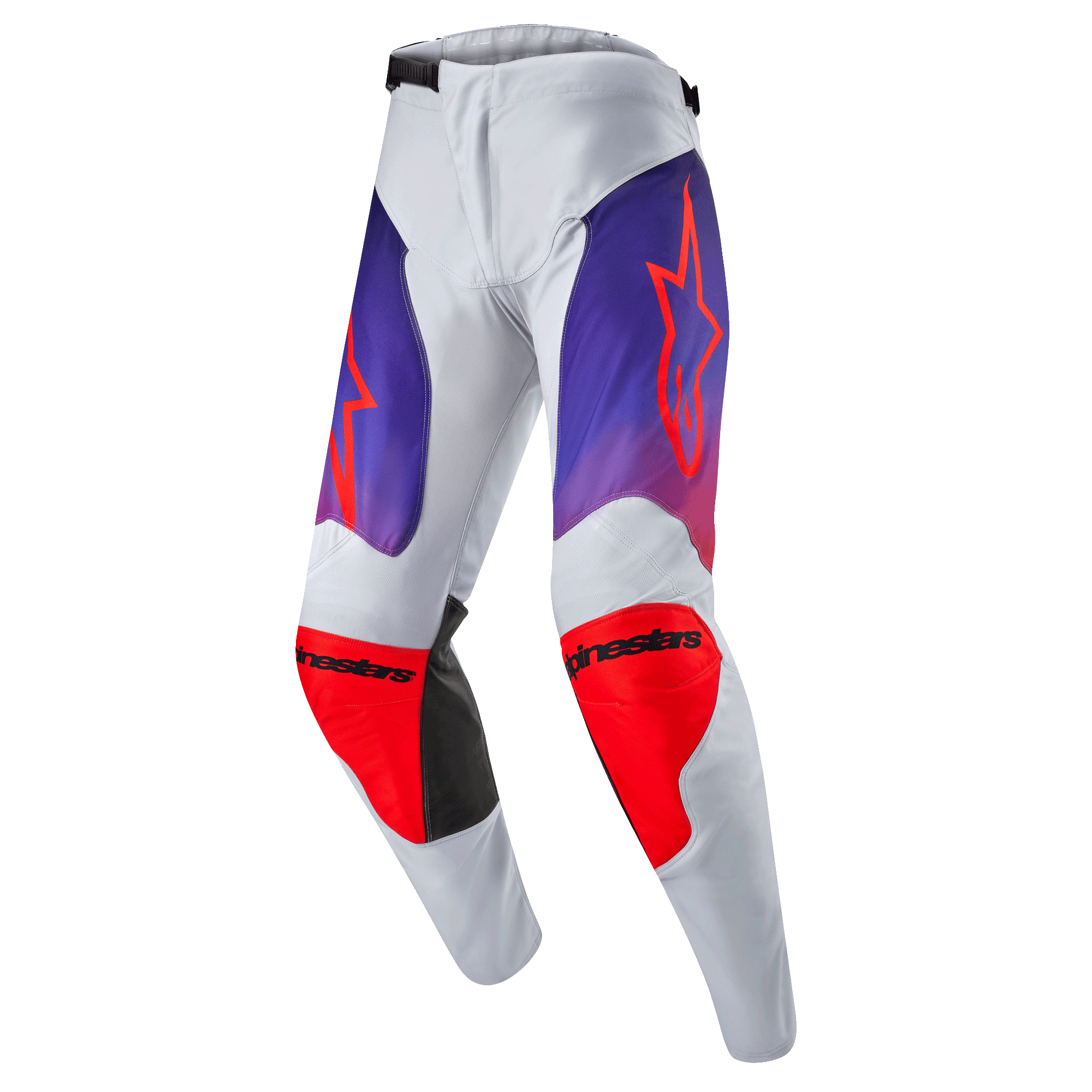Alpinestars 2024 Racer Hoen Pants, spodnie motocrossowe, jasnoszare z fioletowo-pomarańczowymi gradientami, jaskrawopomarańczowe logo gwiazdy na udach, wzmocnienia na kolanach, czarne akcenty, sportowy krój