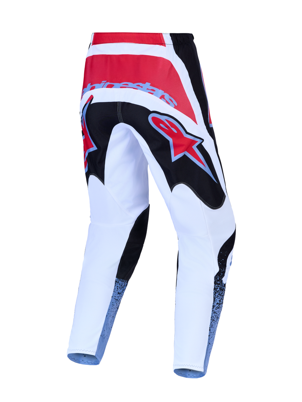 Spodnie motocrossowe Alpinestars Fluid Drag, tył, czerwone, białe i czarne, wytrzymały materiał 600D polyfabric.