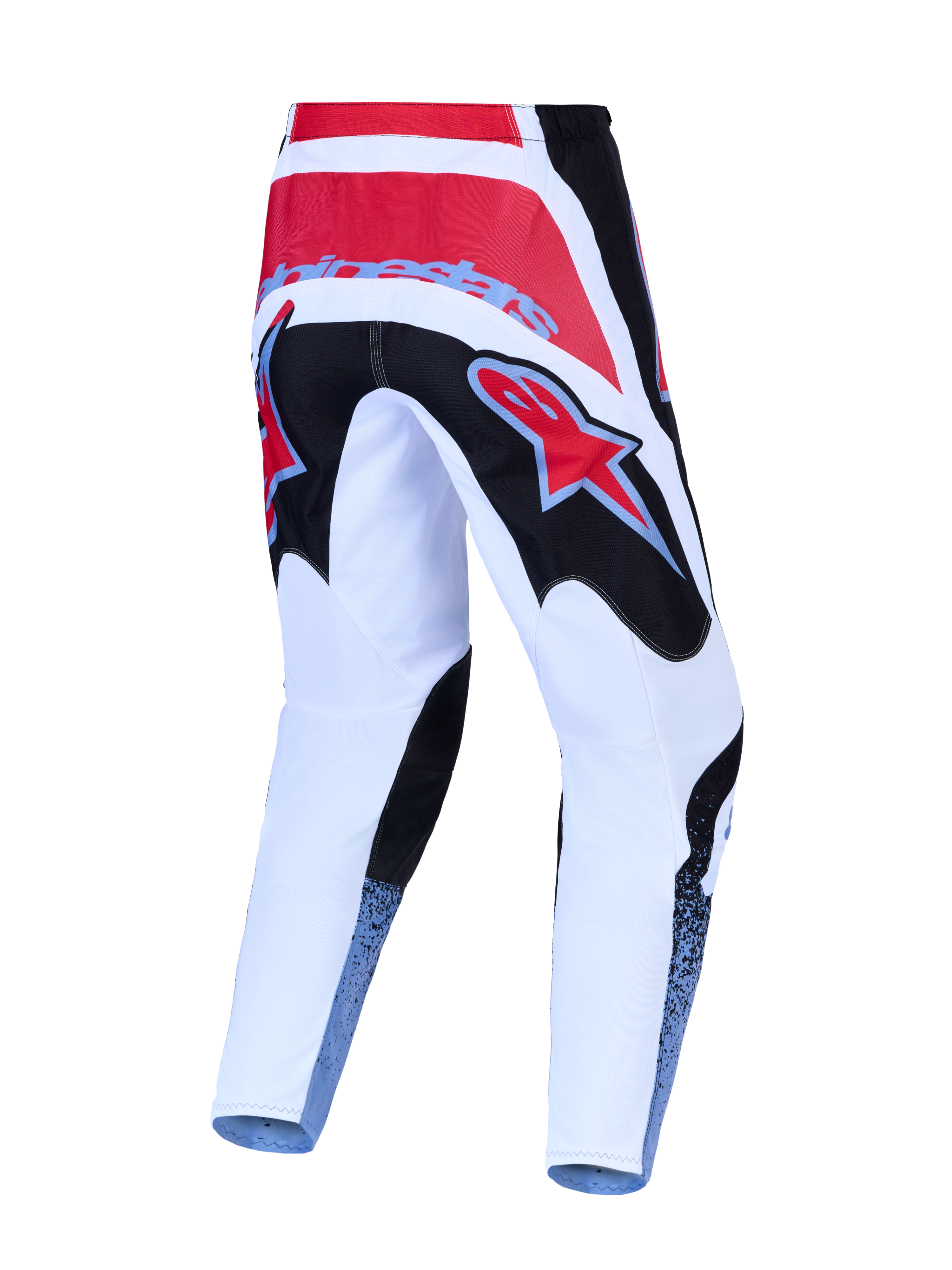 Spodnie motocrossowe Alpinestars Fluid Drag, tył, czerwone, białe i czarne, wytrzymały materiał 600D polyfabric.