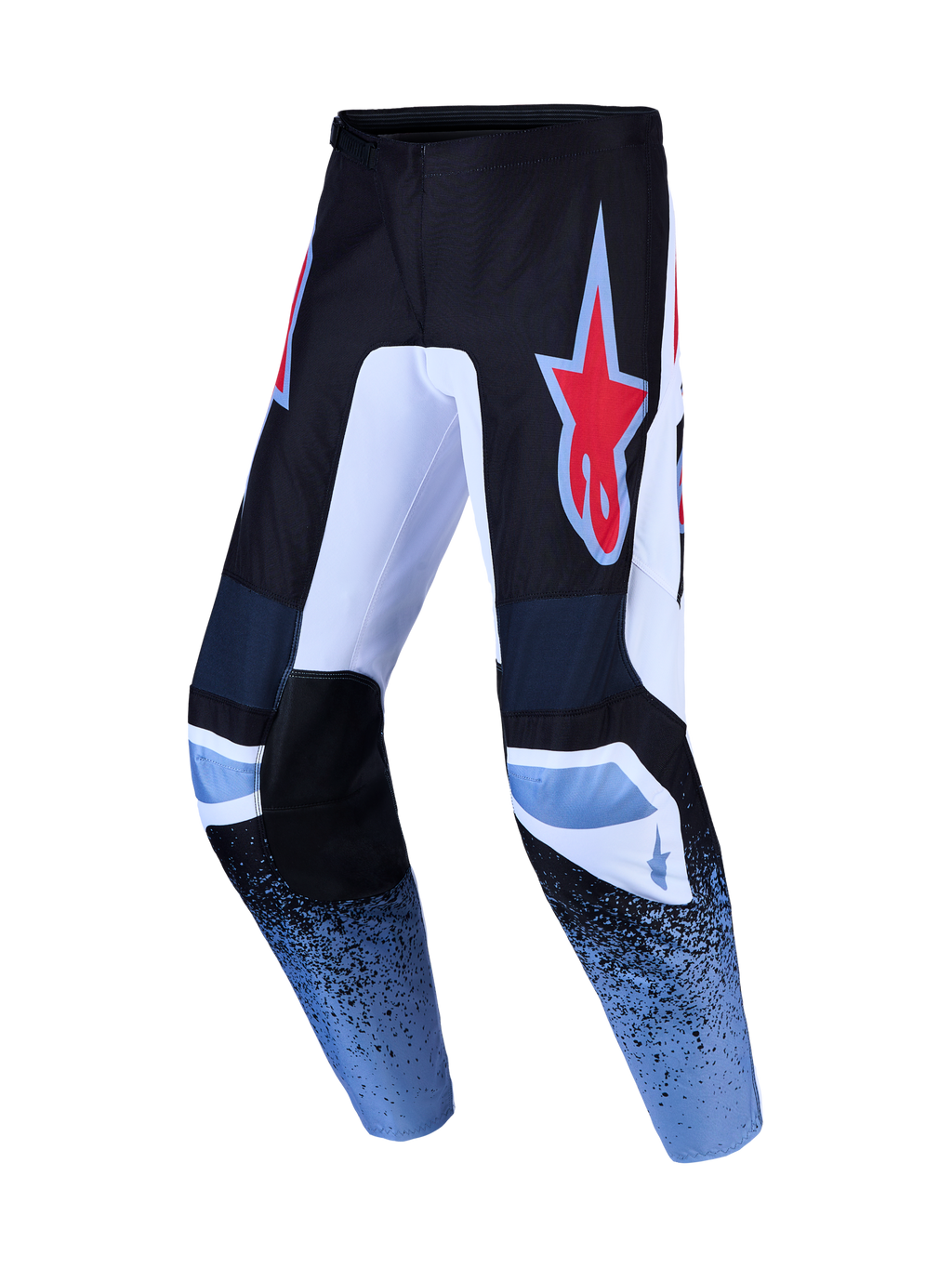 Alpinestars Fluid Drag, spodnie motocrossowe, czarne i niebieskie, czerwone logo gwiazdy, wytrzymały poliester 600D.