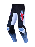 Alpinestars Fluid Drag, spodnie motocrossowe, czarne i niebieskie, czerwone logo gwiazdy, wytrzymały poliester 600D.