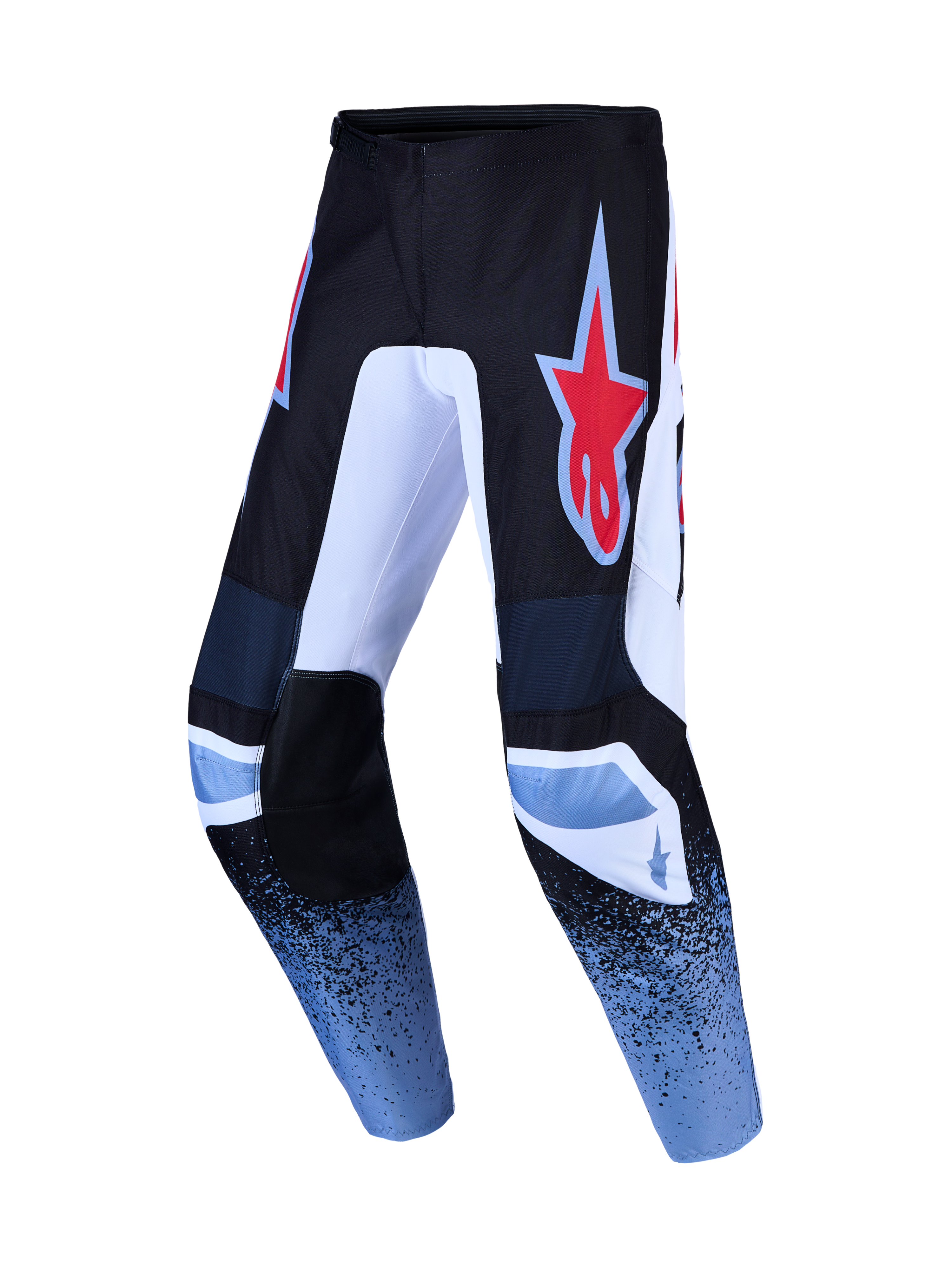 Alpinestars Fluid Drag, spodnie motocrossowe, czarne i niebieskie, czerwone logo gwiazdy, wytrzymały poliester 600D.