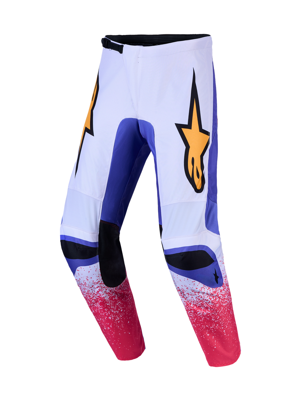 Alpinestars Fluid Drag Pants, biało-niebieskie spodnie motocrossowe z różową nakrapianą grafiką i żółtym logo gwiazdy.