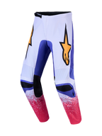 Alpinestars Fluid Drag Pants, biało-niebieskie spodnie motocrossowe z różową nakrapianą grafiką i żółtym logo gwiazdy.
