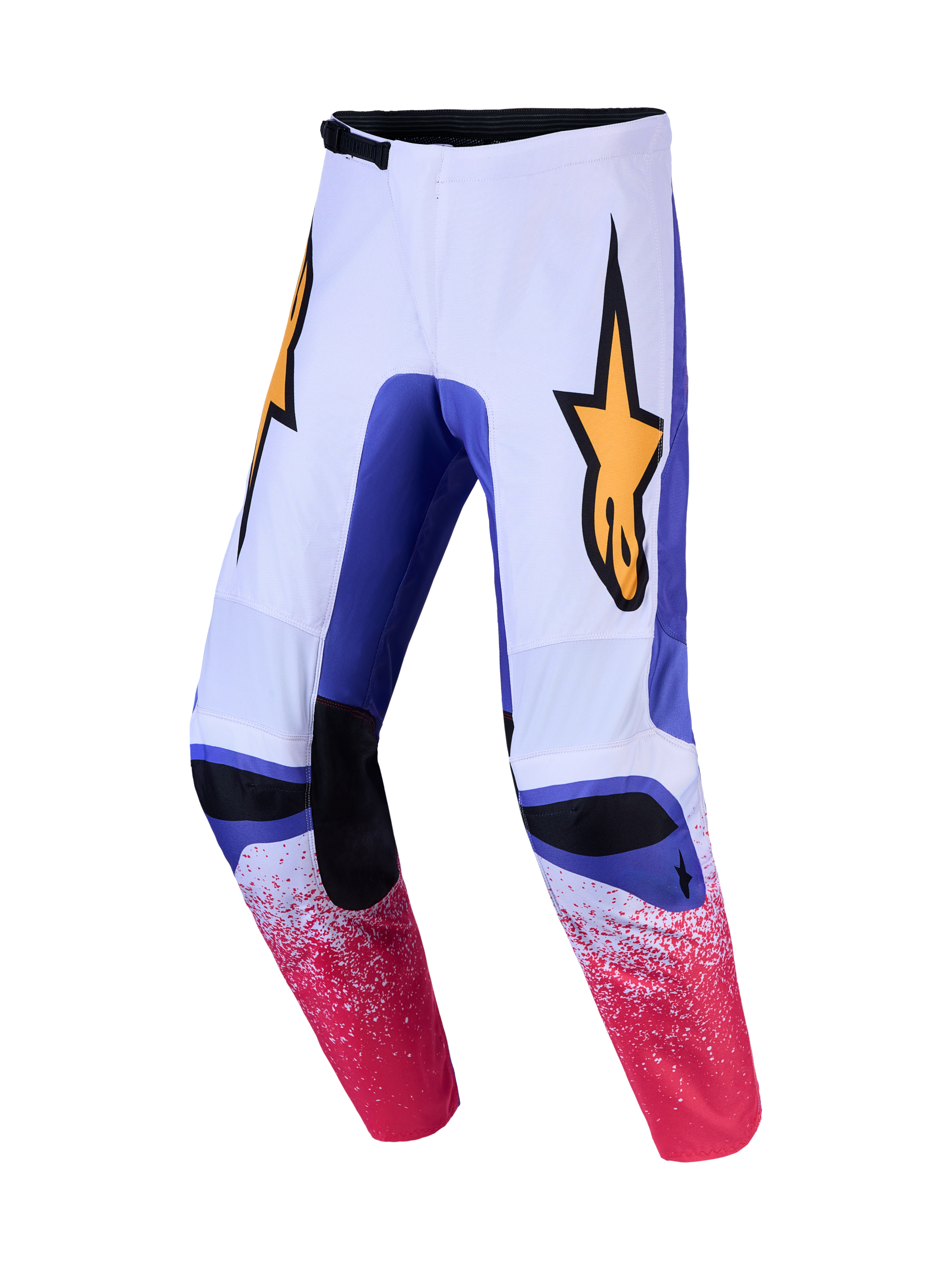 Alpinestars Fluid Drag Pants, biało-niebieskie spodnie motocrossowe z różową nakrapianą grafiką i żółtym logo gwiazdy.