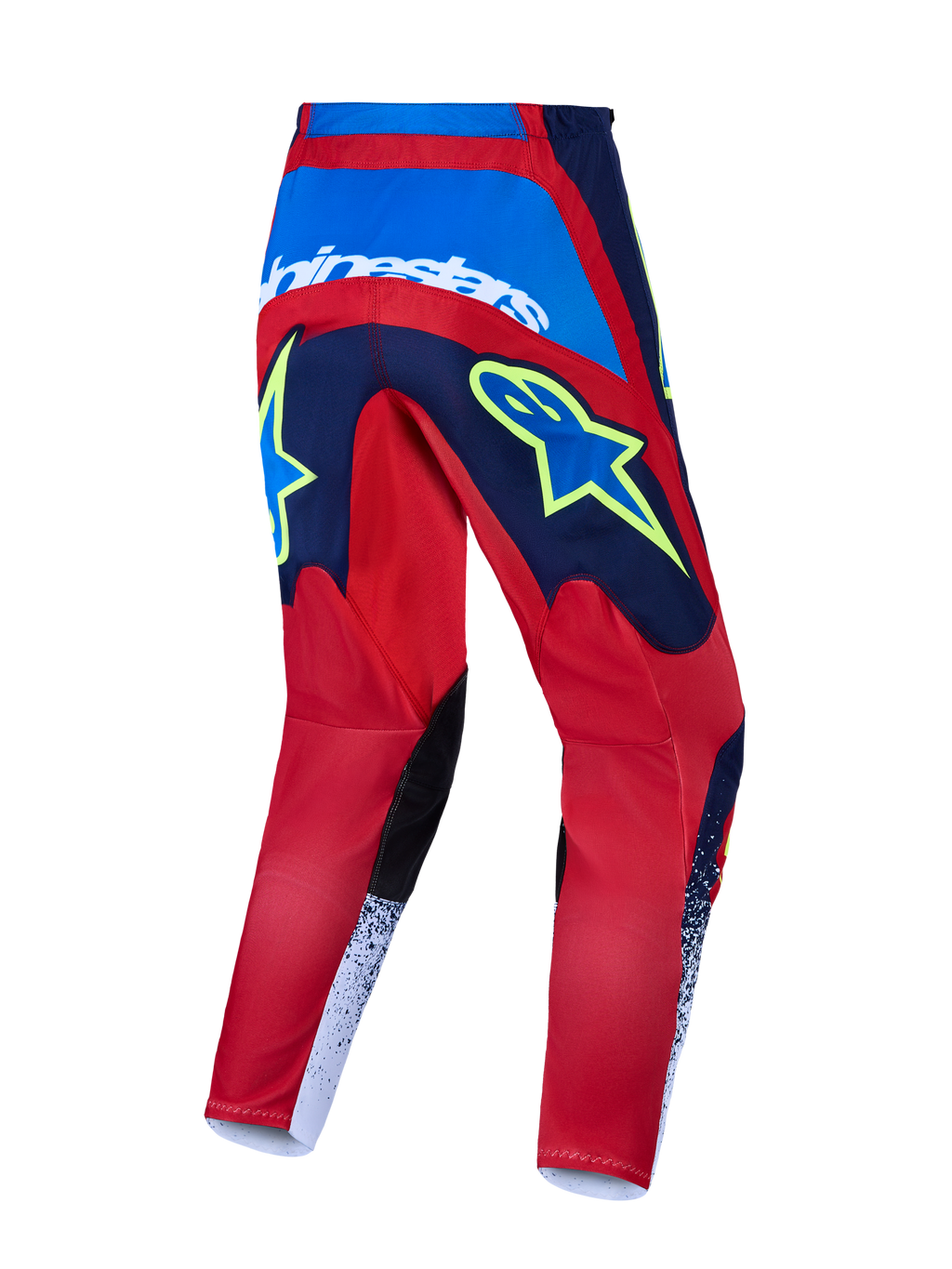 Alpinestars Fluid Drag, spodnie motocrossowe, czerwone i niebieskie z żółtymi grafikami, wzmocnione siedzisko, widok z tyłu