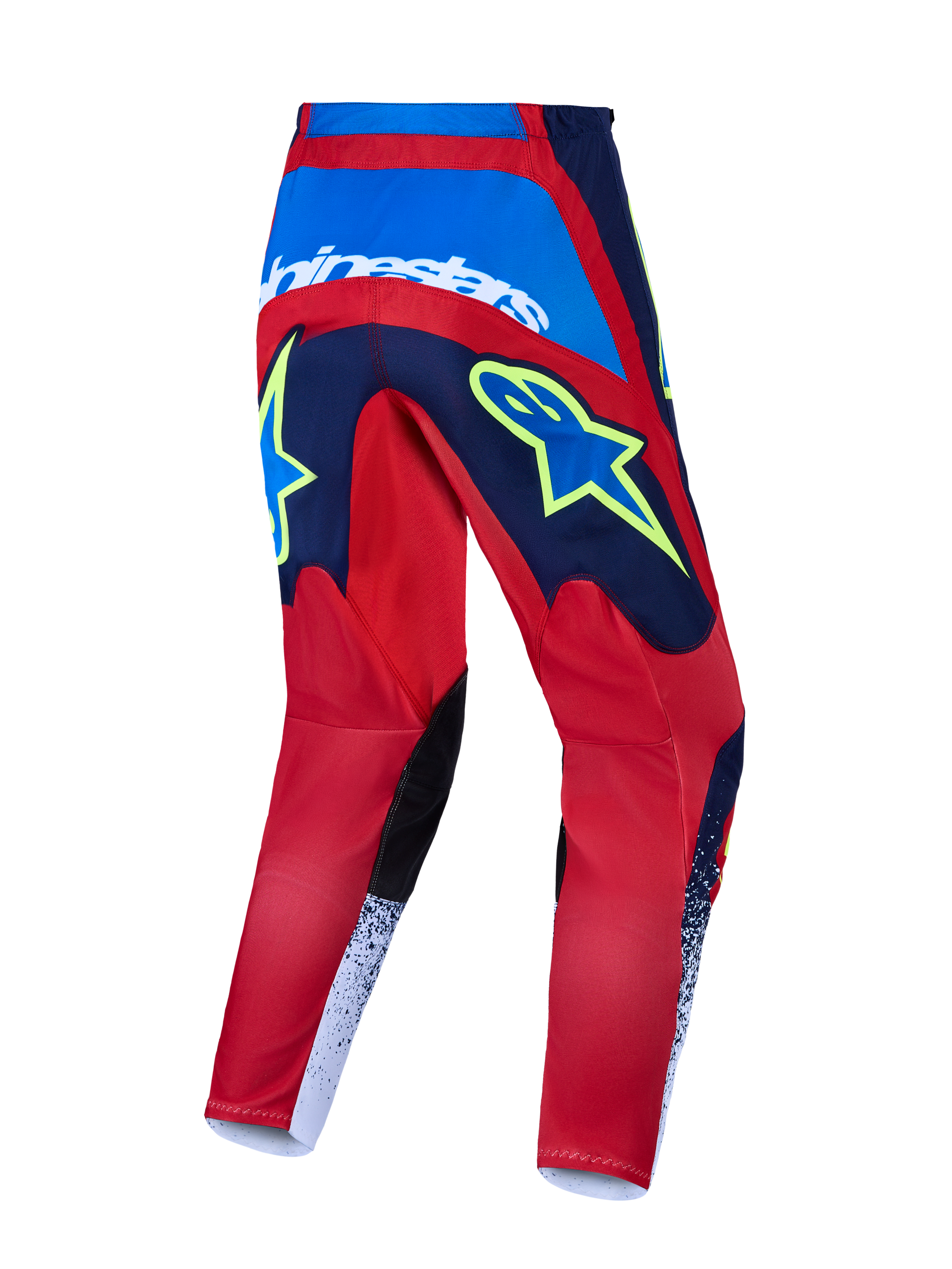 Alpinestars Fluid Drag, spodnie motocrossowe, czerwone i niebieskie z żółtymi grafikami, wzmocnione siedzisko, widok z tyłu