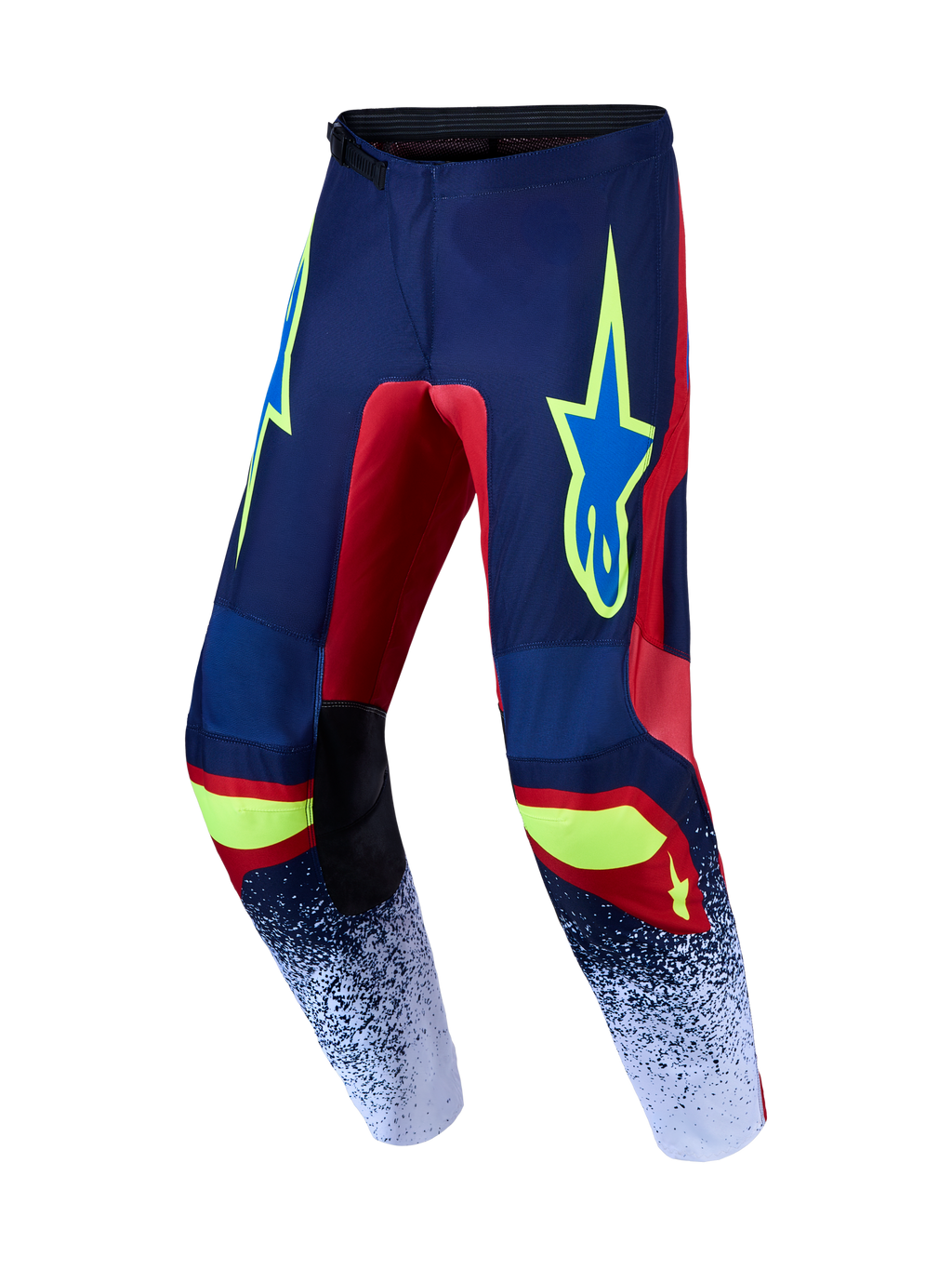 Alpinestars 2027 Fluid Drag, spodnie motocrossowe, granatowe i czerwone z neonowymi żółtymi akcentami, wytrzymały materiał polyfabric, jazda off-road