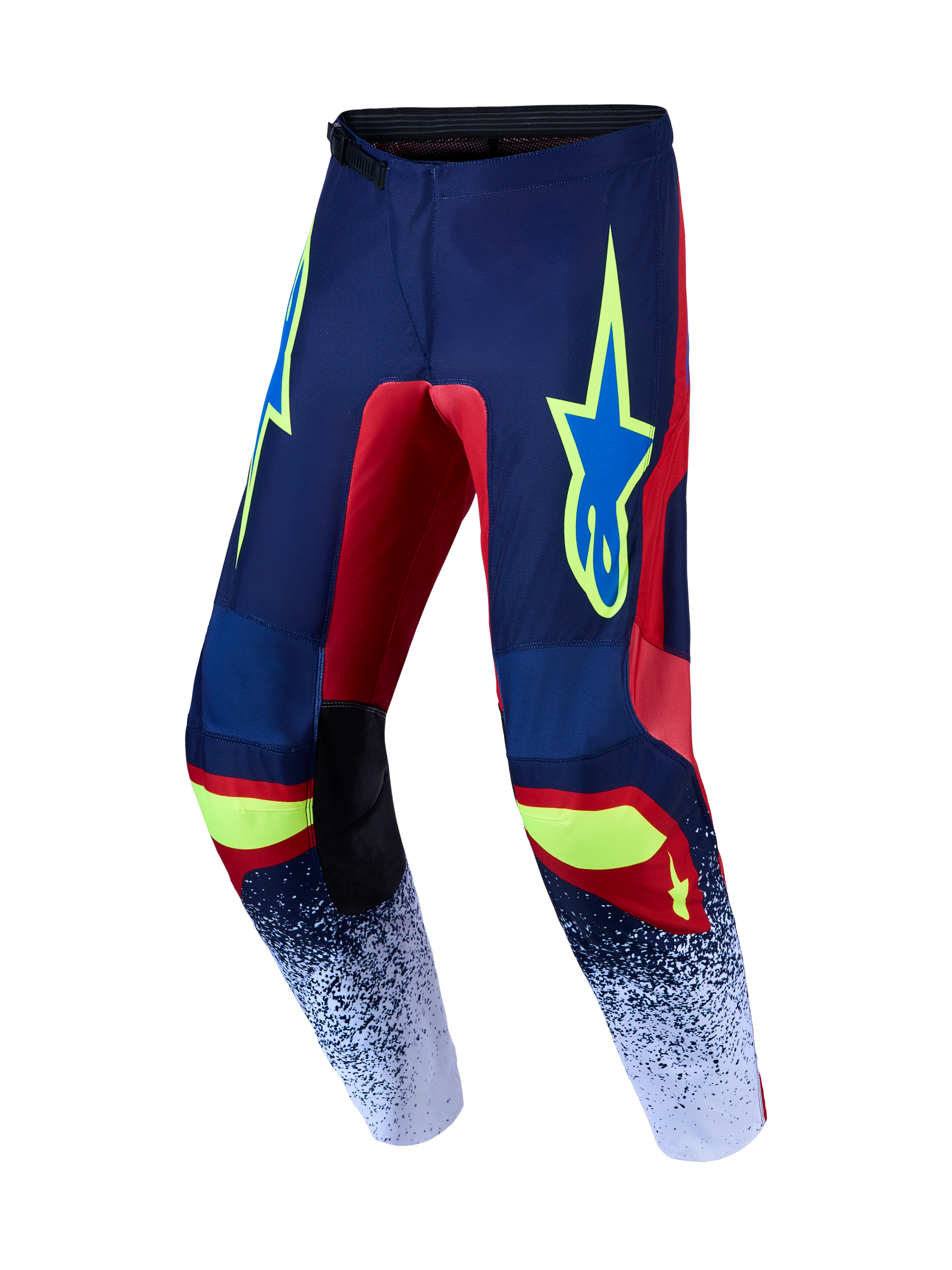 Alpinestars 2027 Fluid Drag, spodnie motocrossowe, granatowe i czerwone z neonowymi żółtymi akcentami, wytrzymały materiał polyfabric, jazda off-road