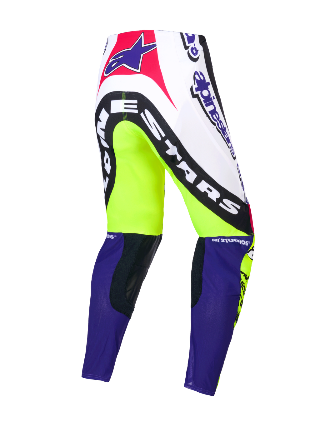 Alpinestars Limited Edition Supertech Dirt Studios Pants, motocross pants, White, Purple, and Yellow Fluo, single-layer stretch rip-stop construction with leather knee panels, rear view showing brand graphics