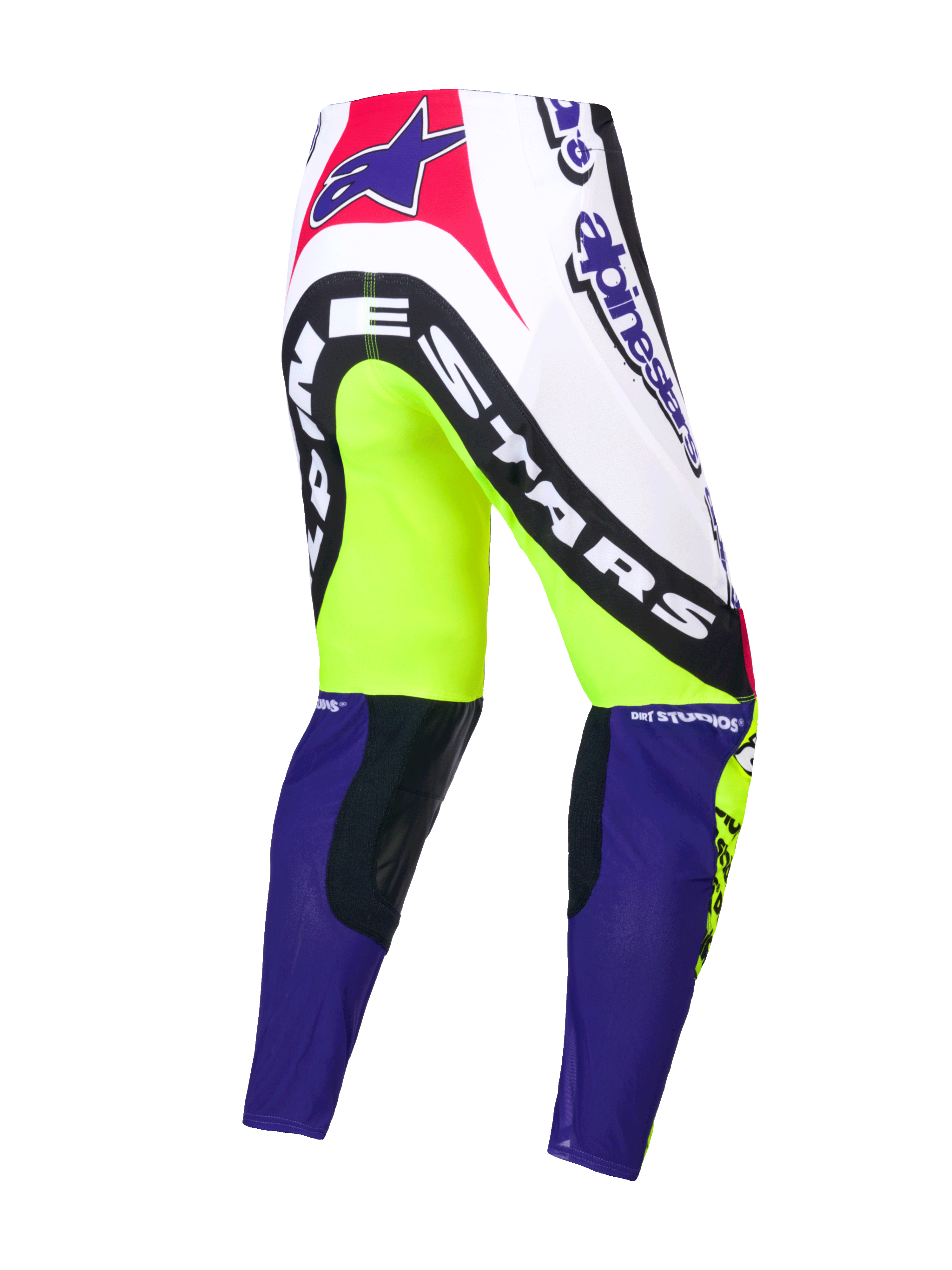 Alpinestars Limited Edition Supertech Dirt Studios Pants, motocross pants, White, Purple, and Yellow Fluo, single-layer stretch rip-stop construction with leather knee panels, rear view showing brand graphics