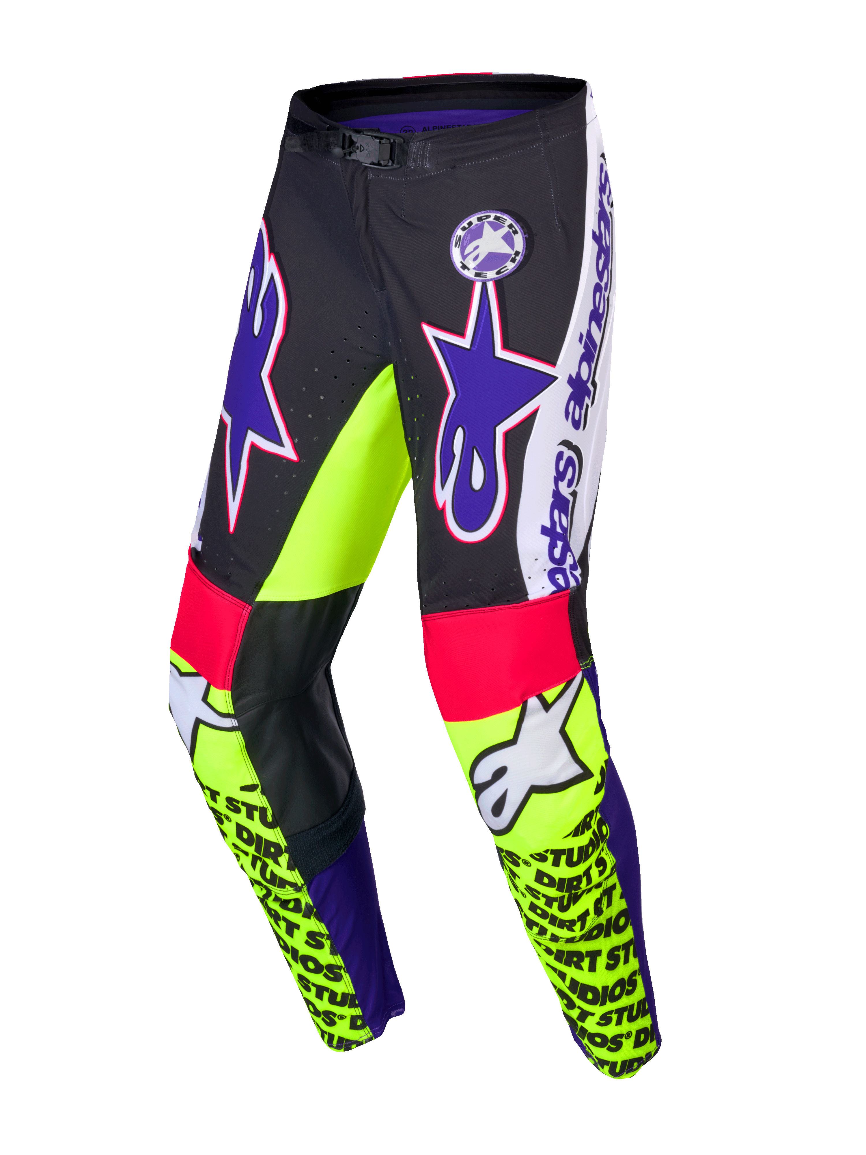 Alpinestars Limited Edition Supertech Dirt Studios Pants, Motocross Racing Pants, White, Purple, and Yellow Fluo, single-layer stretch rip-stop fabric with leather knee panels