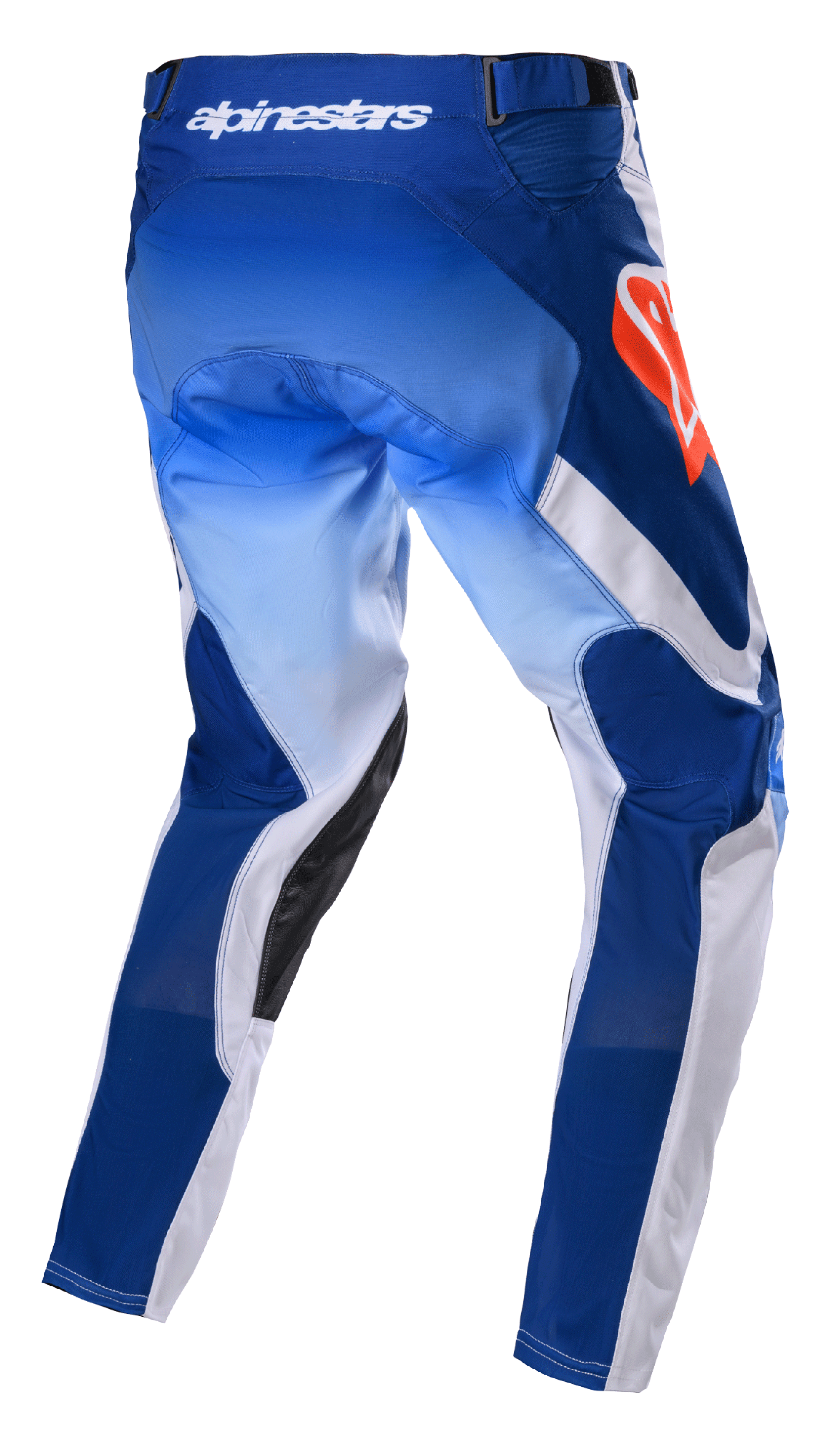 Alpinestars Racer Semi Pants 2023, spodnie motocrossowe, niebieskie i jaskrawopomarańczowe, widok z tyłu przedstawiający panele z niebieskim gradientem i białe wstawki, jaskrawopomarańczowe logo Alpinestars na biodrze, czarne skórzane wzmocnienia wewnętrznej strony nogawek, techniczny design do wyścigów off-road