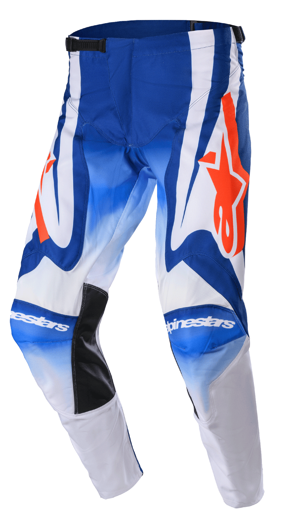 Alpinestars Racer Semi Pants 2023, spodnie motocrossowe, niebieskie, białe i intensywnie pomarańczowe, duże pomarańczowe logo gwiazdy, czarne odporne na ciepło panele wewnętrzne na kolanach, ergonomiczna, wstępnie zakrzywiona konstrukcja do wyścigów terenowych
