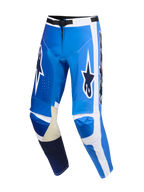 Alpinestars Racer Air Portl Pants 2026, spodnie motocrossowe, niebiesko-białe, perforowany materiał poliestrowy zapewniający wentylację, skórzane wstawki na wewnętrznej stronie kolan, wyraźne logo Astars, sportowy, wstępnie zakrzywiony krój