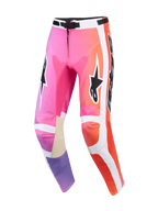 Alpinestars 2026 Racer Air Portl Pants, spodnie motocrossowe, wielokolorowe (różowe, pomarańczowe i fioletowe), białe panele boczne, czarne logo Alpinestars, perforowane strefy wentylacyjne, jasnobrązowe skórzane wzmocnienia po wewnętrznej stronie kolan