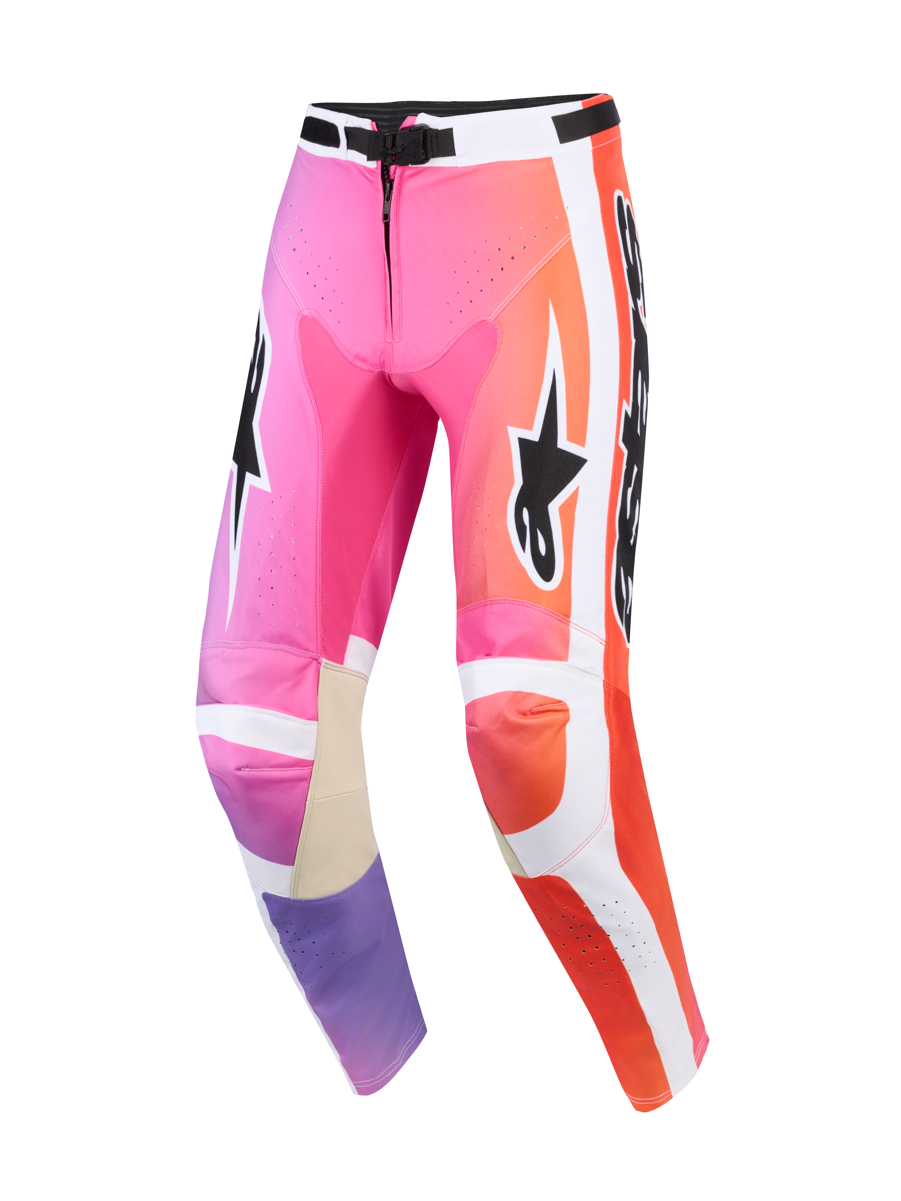 Alpinestars 2026 Racer Air Portl Pants, spodnie motocrossowe, wielokolorowe (różowe, pomarańczowe i fioletowe), białe panele boczne, czarne logo Alpinestars, perforowane strefy wentylacyjne, jasnobrązowe skórzane wzmocnienia po wewnętrznej stronie kolan
