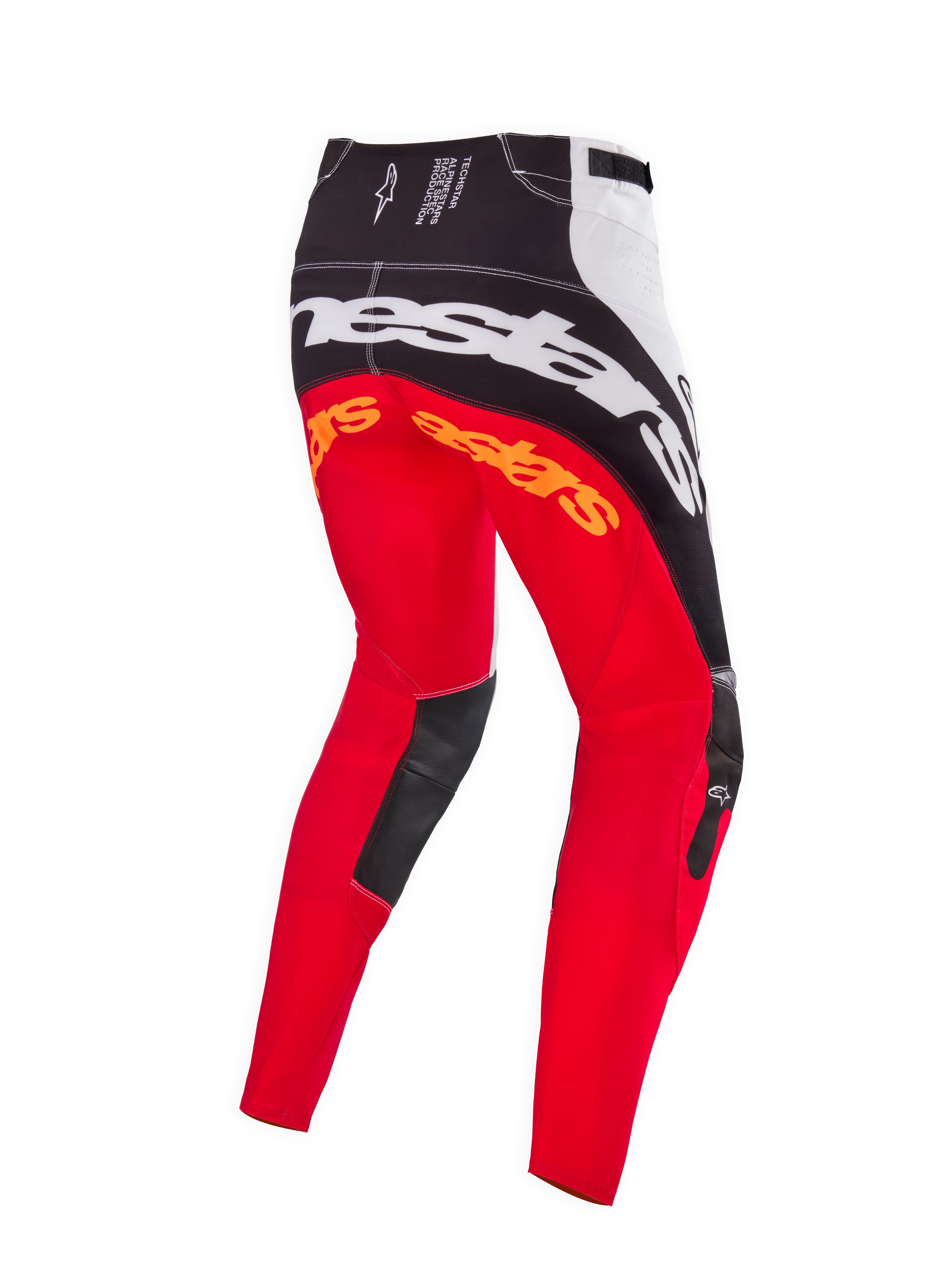 Alpinestars Limited Edition Techstar Deep Motocross Pants, Black White High Red colorway, rear view showing large white Alpinestars branding across the seat, orange logos on the upper legs, and black leather inner knee panels, designed for professional off-road racing.