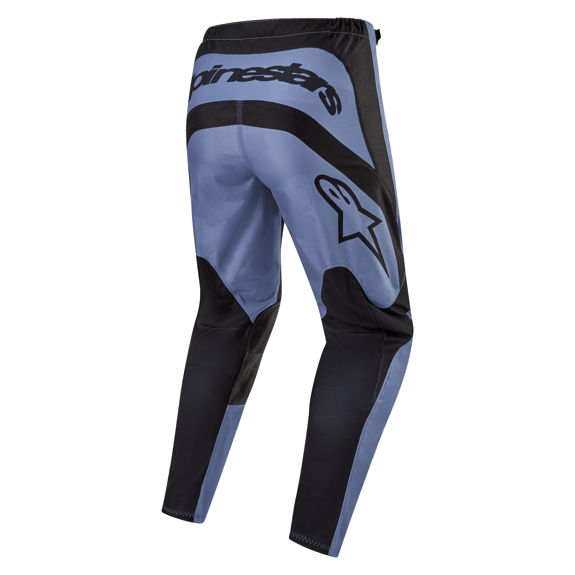 Alpinestars 2024 Fluid Lurv Pants, spodnie motocrossowe, jasnoniebieskie i czarne, widok z tyłu pokazujący wyraźne logo Alpinestars z tyłu i z boku, czarne wzmocnione panele na siedzisku i wewnętrznej stronie nogawek, ergonomiczny, wstępnie zakrzywiony design dla wydajności w terenie