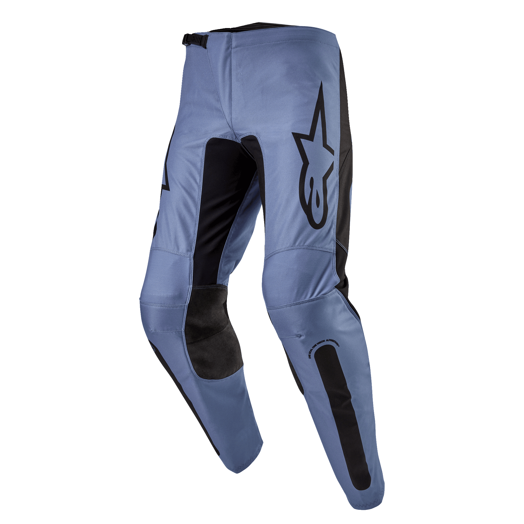 Alpinestars Fluid Lurv Pants 2024, spodnie motocrossowe, jasnoniebieskie i czarne, duże czarne logo Alpinestars na udzie, czarne wzmocnione wewnętrzne panele na kolanach, ergonomiczny zakrzywiony krój nogawek