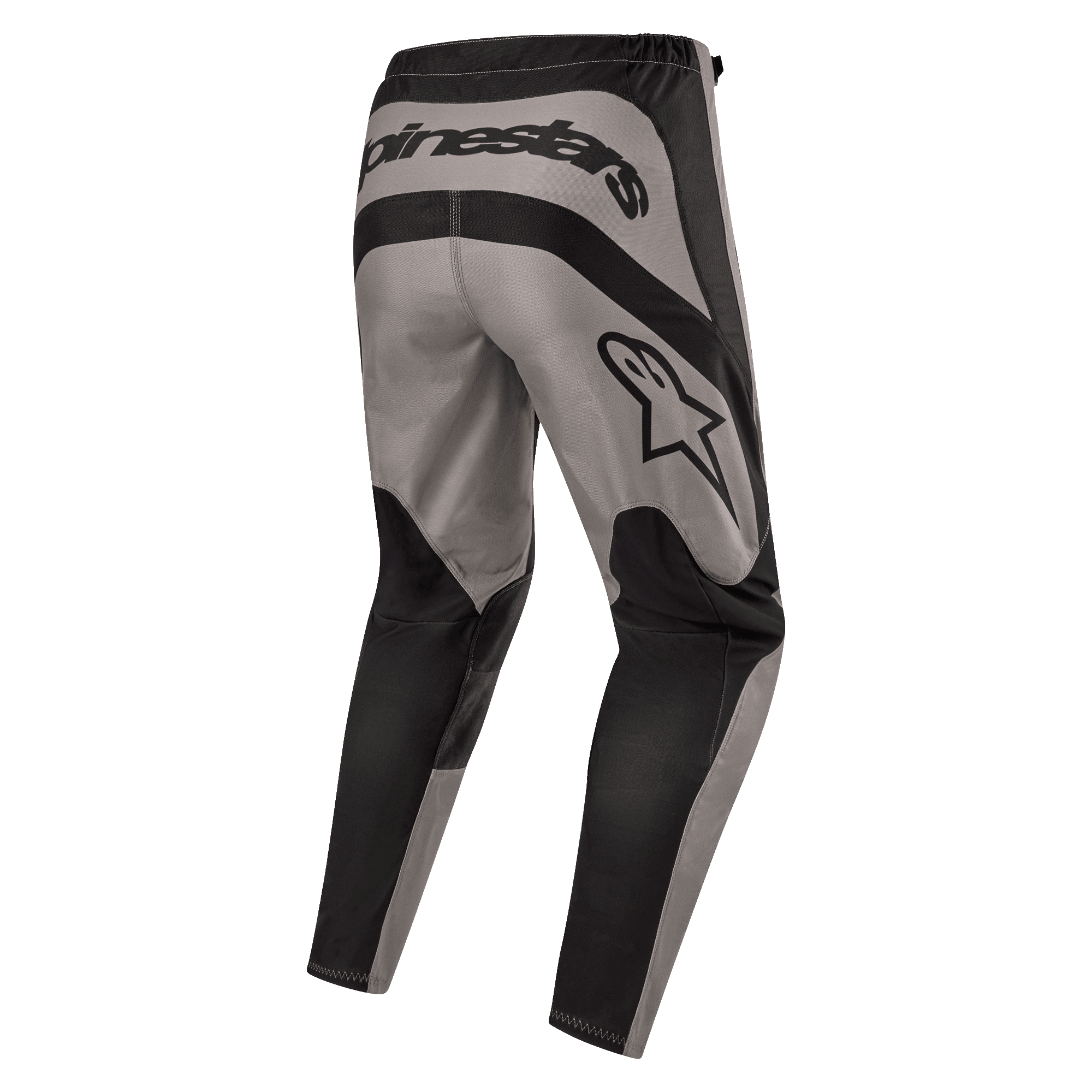 Alpinestars Fluid Lurv Pants 2024, spodnie motocrossowe, Mud Black, widok z tyłu z wyraźnym napisem Alpinestars i logo gwiazdy na prawym udzie, szaro-czarny panelowy design z wytrzymałego poliestru 600D do jazdy terenowej.