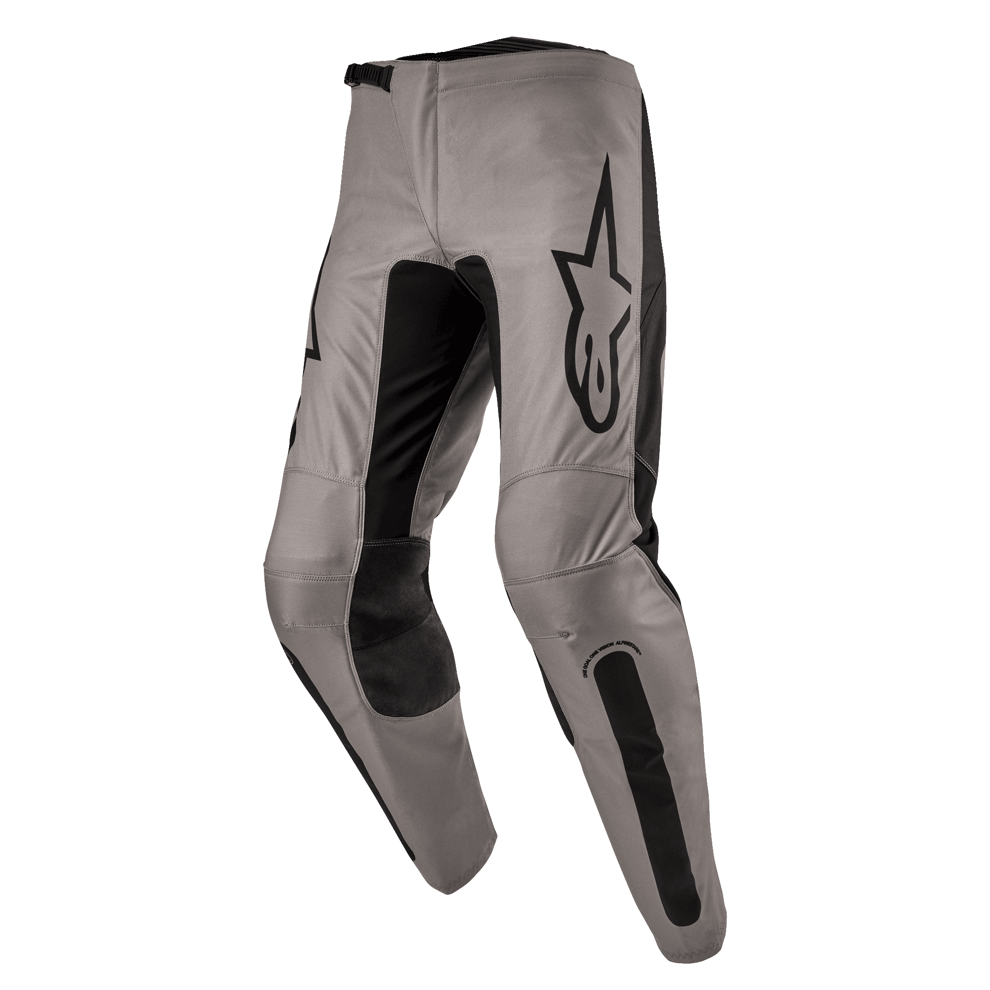 Alpinestars 2024 Fluid Lurv Pants, spodnie motocrossowe, kolor Mud Black, szaro-beżowa konstrukcja z czarnymi elastycznymi panelami na wewnętrznej stronie nogawek i kolanach, czarne logo na udzie, ergonomiczny, wstępnie zakrzywiony krój do jazdy terenowej