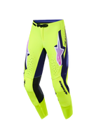 Alpinestars 2026 Supertech Vista Pants, spodnie motocrossowe, jaskrawożółte z fioletowymi i czarnymi akcentami, różowo-fioletowe gradientowe logo Alpinestars na udach, laserowo wycinane perforacje dla wentylacji, sportowy krój race-fit do jazdy off-road