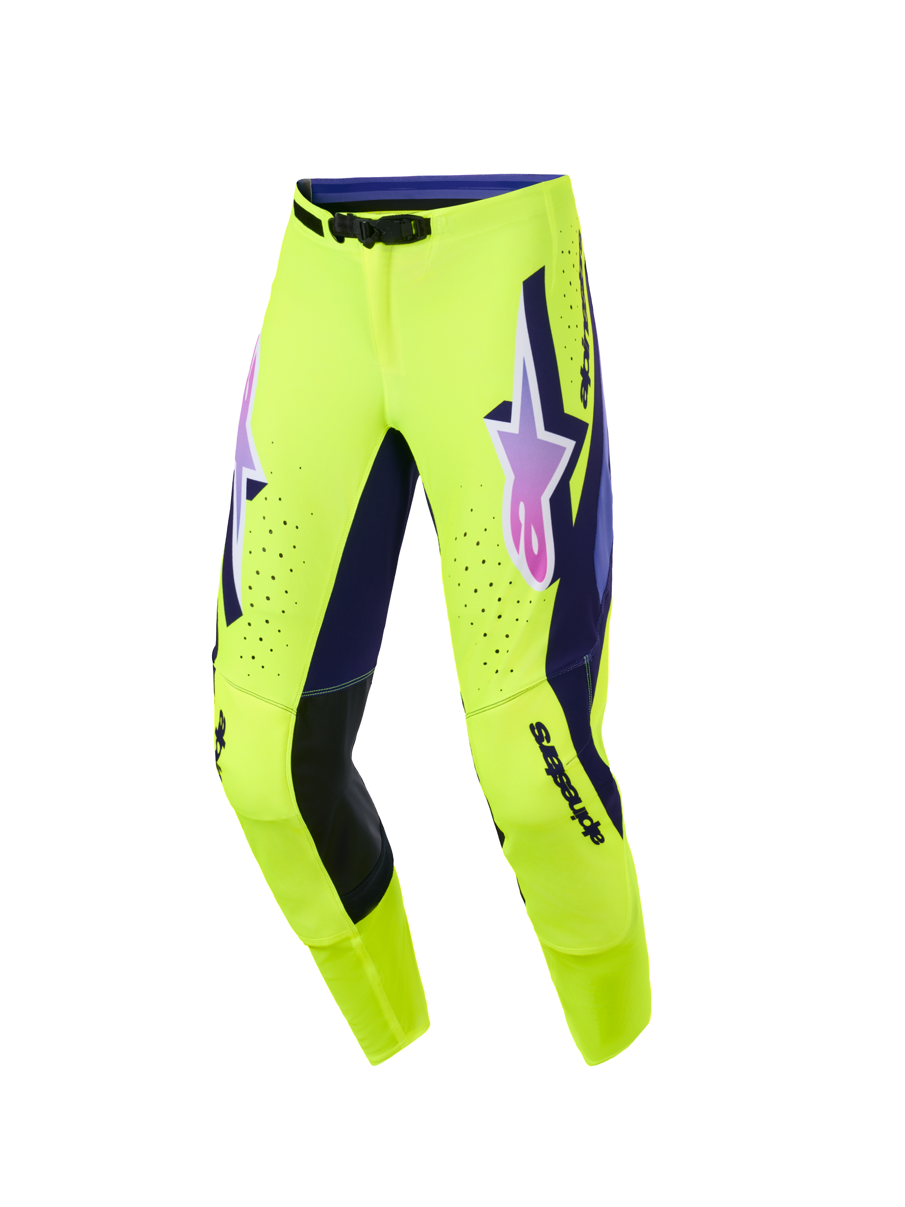 Alpinestars 2026 Supertech Vista Pants, spodnie motocrossowe, jaskrawożółte z fioletowymi i czarnymi akcentami, różowo-fioletowe gradientowe logo Alpinestars na udach, laserowo wycinane perforacje dla wentylacji, sportowy krój race-fit do jazdy off-road