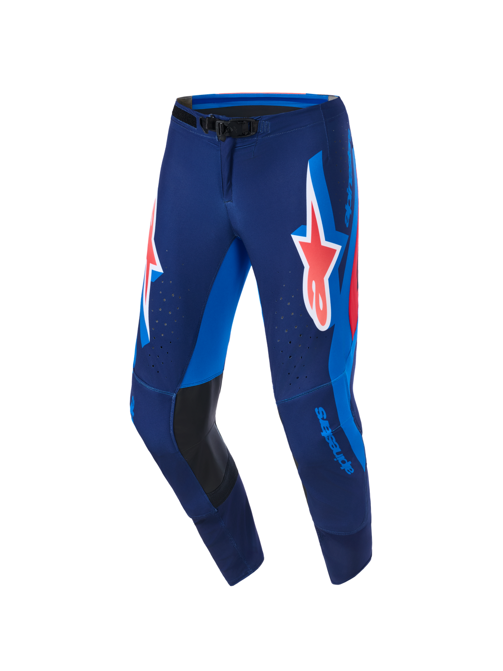 Alpinestars Supertech Vista Pants 2026, spodnie motocrossowe, granatowe, koralowe i kobaltowe, z dużym koralowym logo Astars na udach, jasnoniebieskimi panelami bocznymi, czarnymi skórzanymi wzmocnieniami po wewnętrznej stronie kolan i laserowo wycinanymi perforacjami zapewniającymi wentylację, zaprojektowane do profesjonalnych wyścigów.