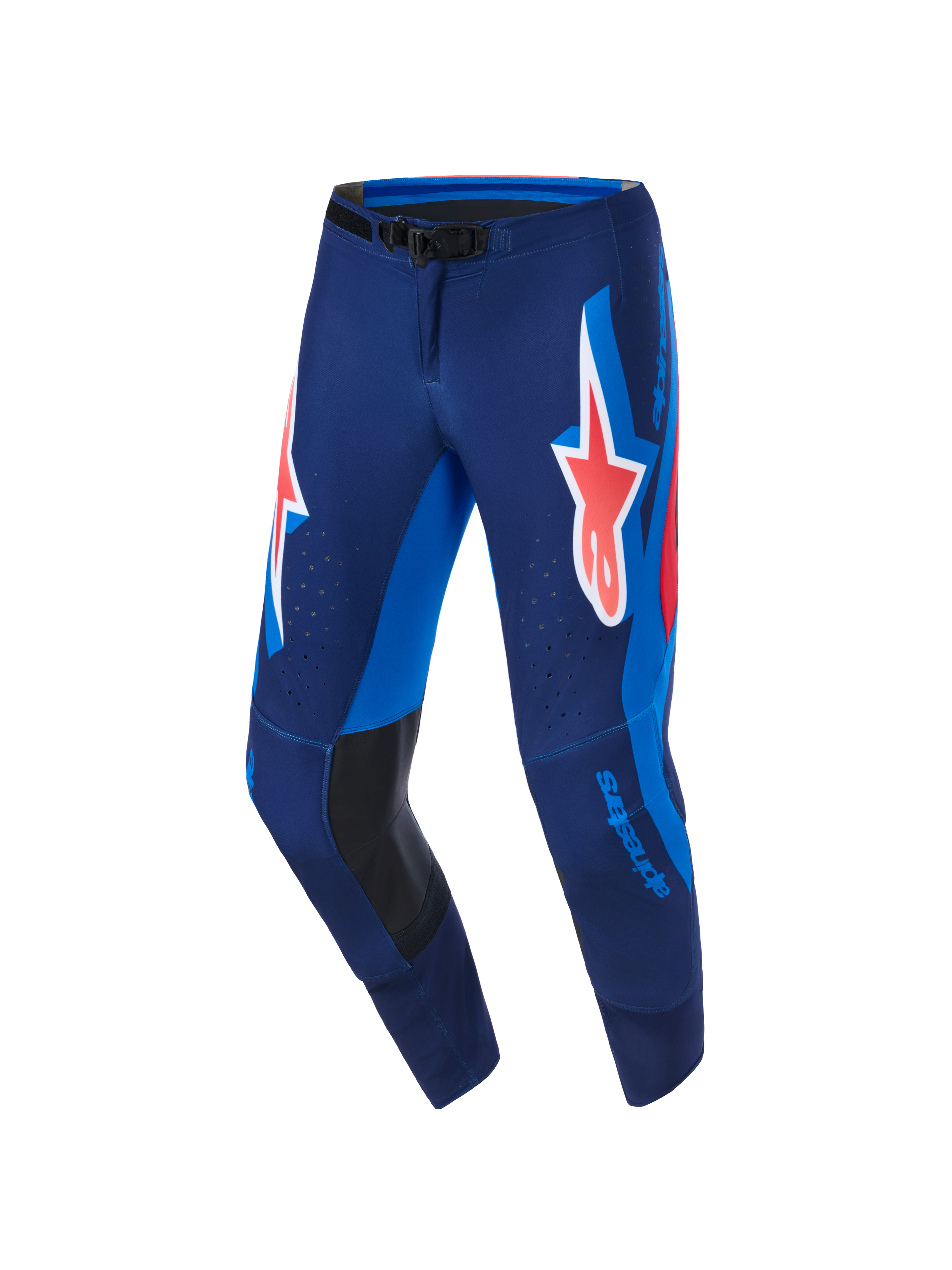 Alpinestars Supertech Vista Pants 2026, spodnie motocrossowe, granatowe, koralowe i kobaltowe, z dużym koralowym logo Astars na udach, jasnoniebieskimi panelami bocznymi, czarnymi skórzanymi wzmocnieniami po wewnętrznej stronie kolan i laserowo wycinanymi perforacjami zapewniającymi wentylację, zaprojektowane do profesjonalnych wyścigów.
