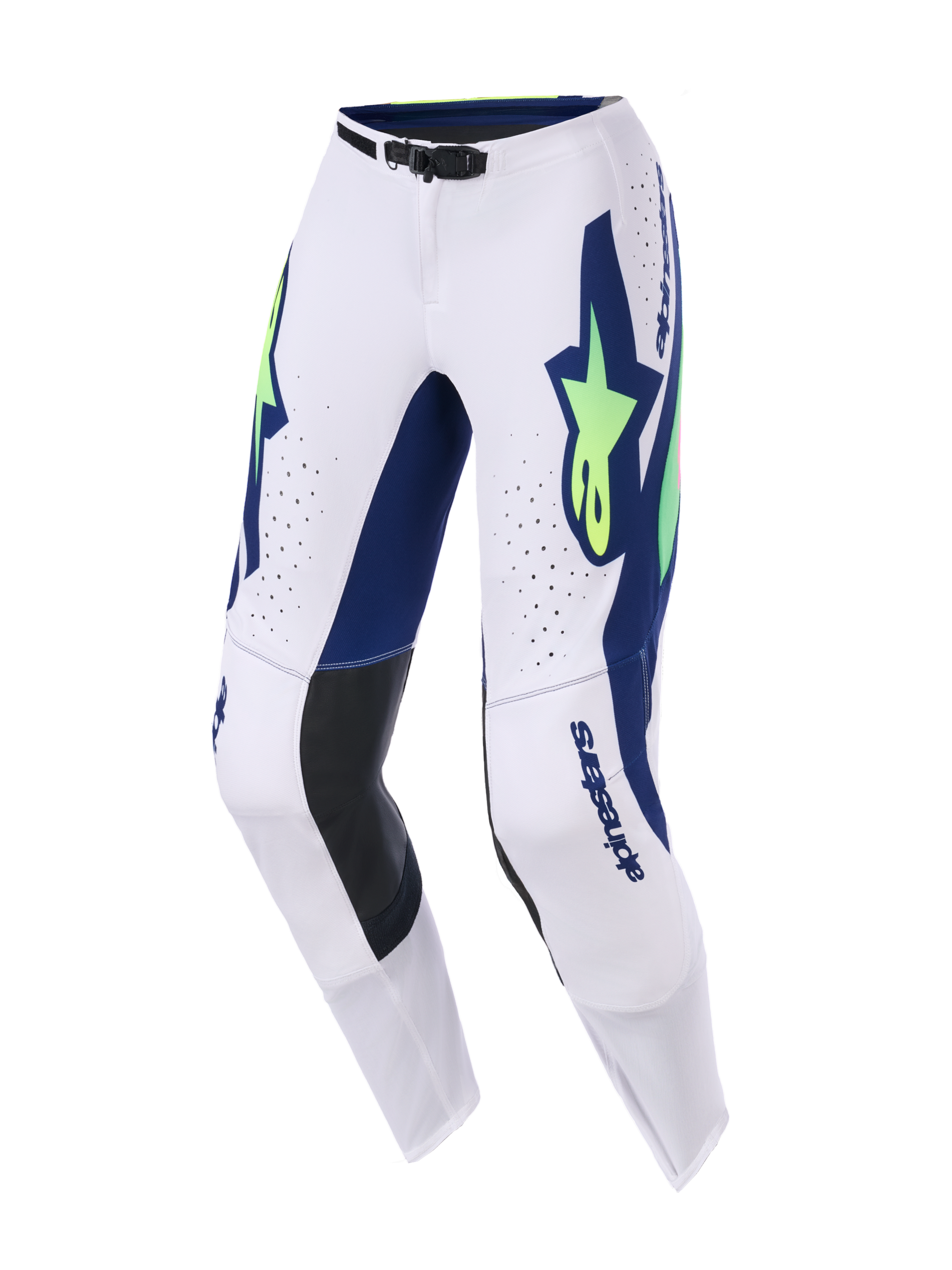 Alpinestars 2026 Supertech Vista Pants, spodnie motocrossowe, jasnoszare z niebieskimi i neonowo-żółtymi akcentami, wyraziste niebieskie grafiki, logo gwiazdy, czarne skórzane panele na kolanach, laserowo wycinana wentylacja, sportowy krój