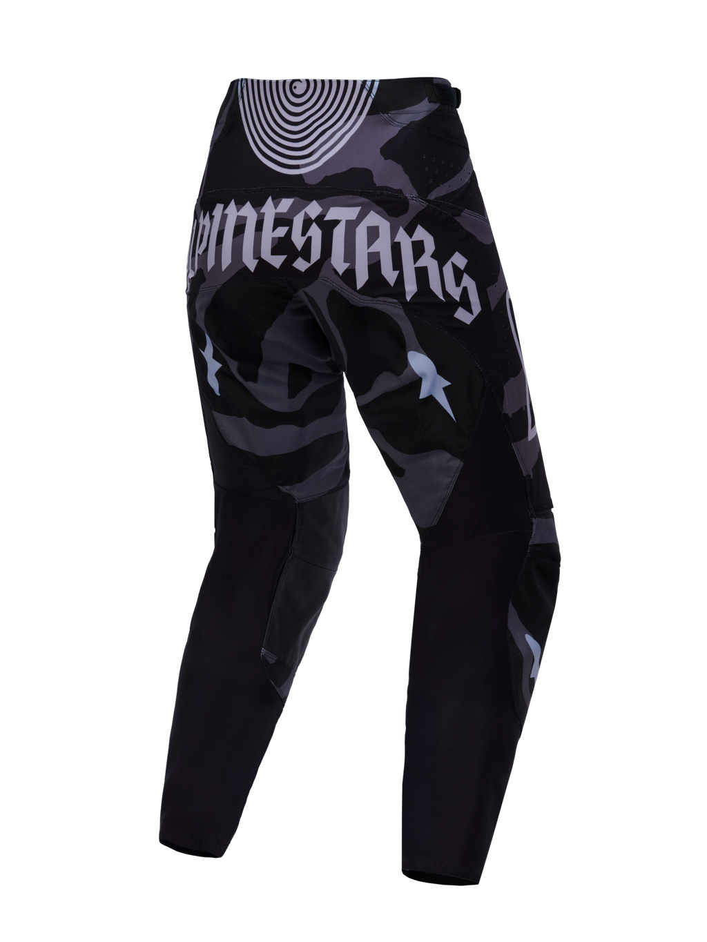 Spodnie Techstar Beast Coast Edycja Limitowana, czarno-szary wzór kamuflażu, widok z tyłu, logo Alpinestars.